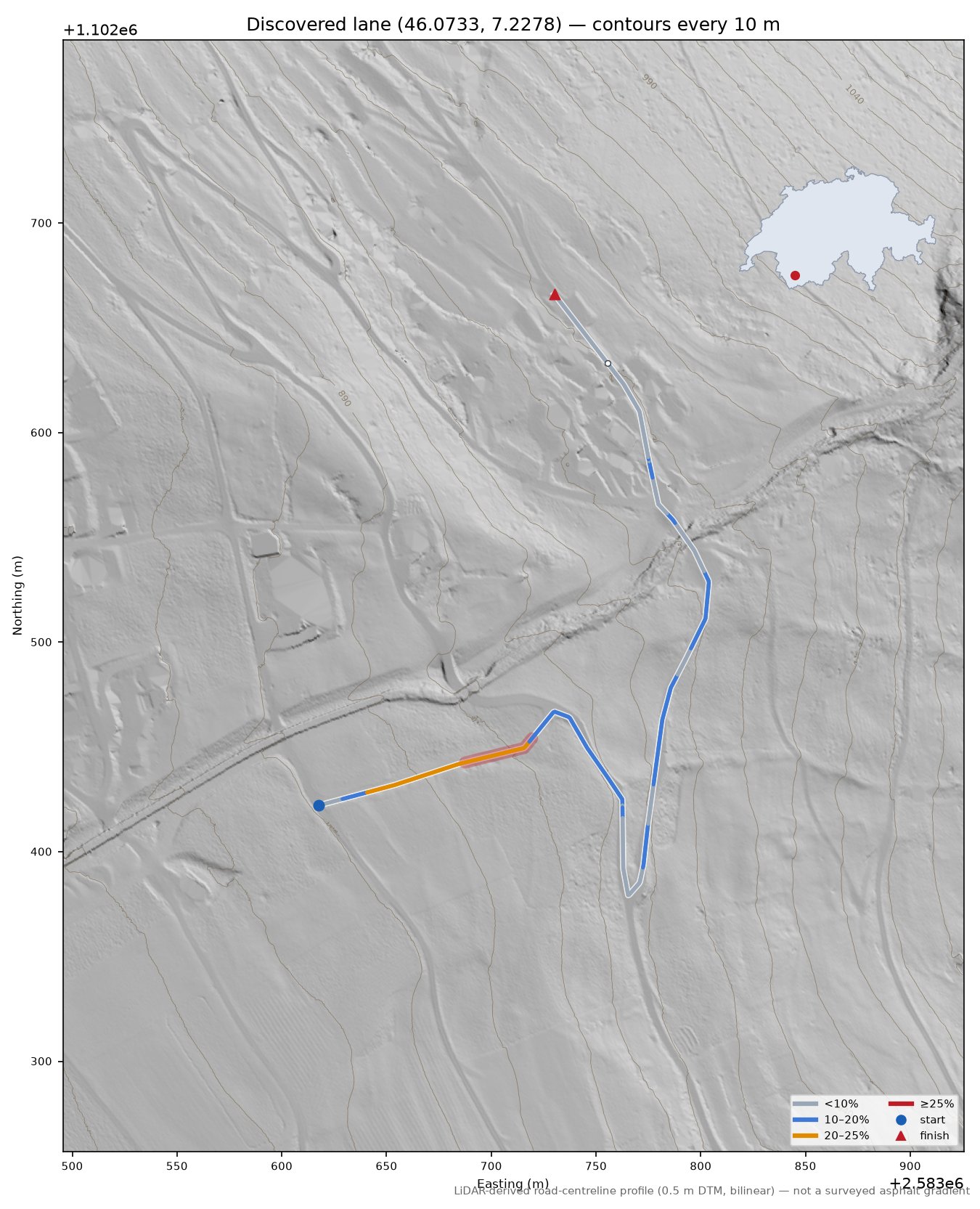 Discovered lane (46.0733, 7.2278) LiDAR hillshade map with contours