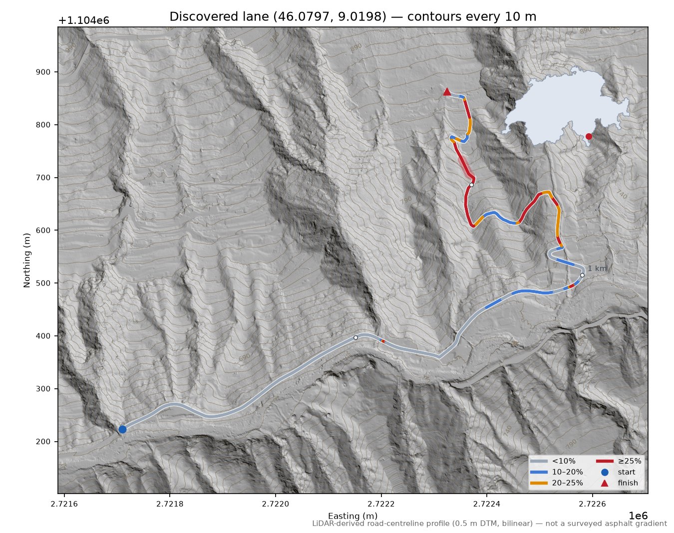 Discovered lane (46.0797, 9.0198) LiDAR hillshade map with contours