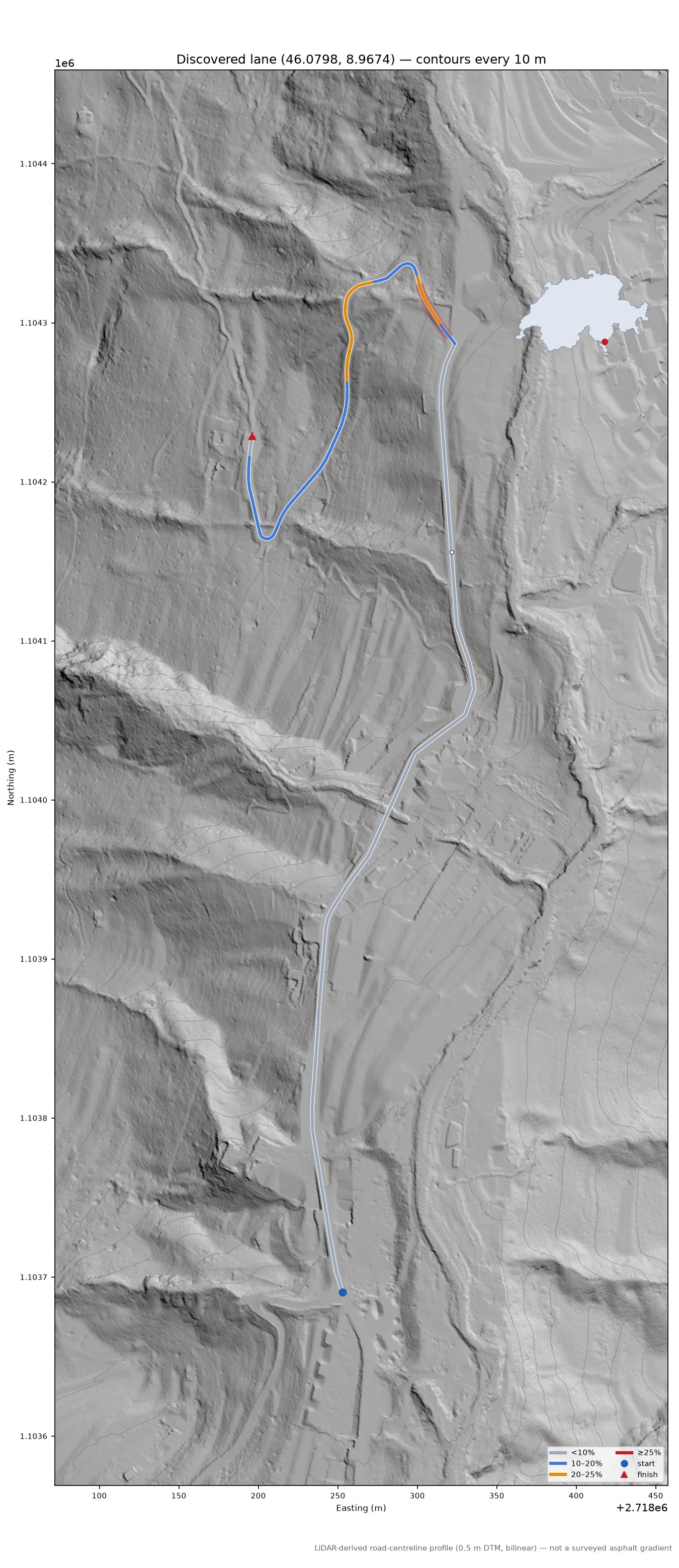 Discovered lane (46.0798, 8.9674) LiDAR hillshade map with contours