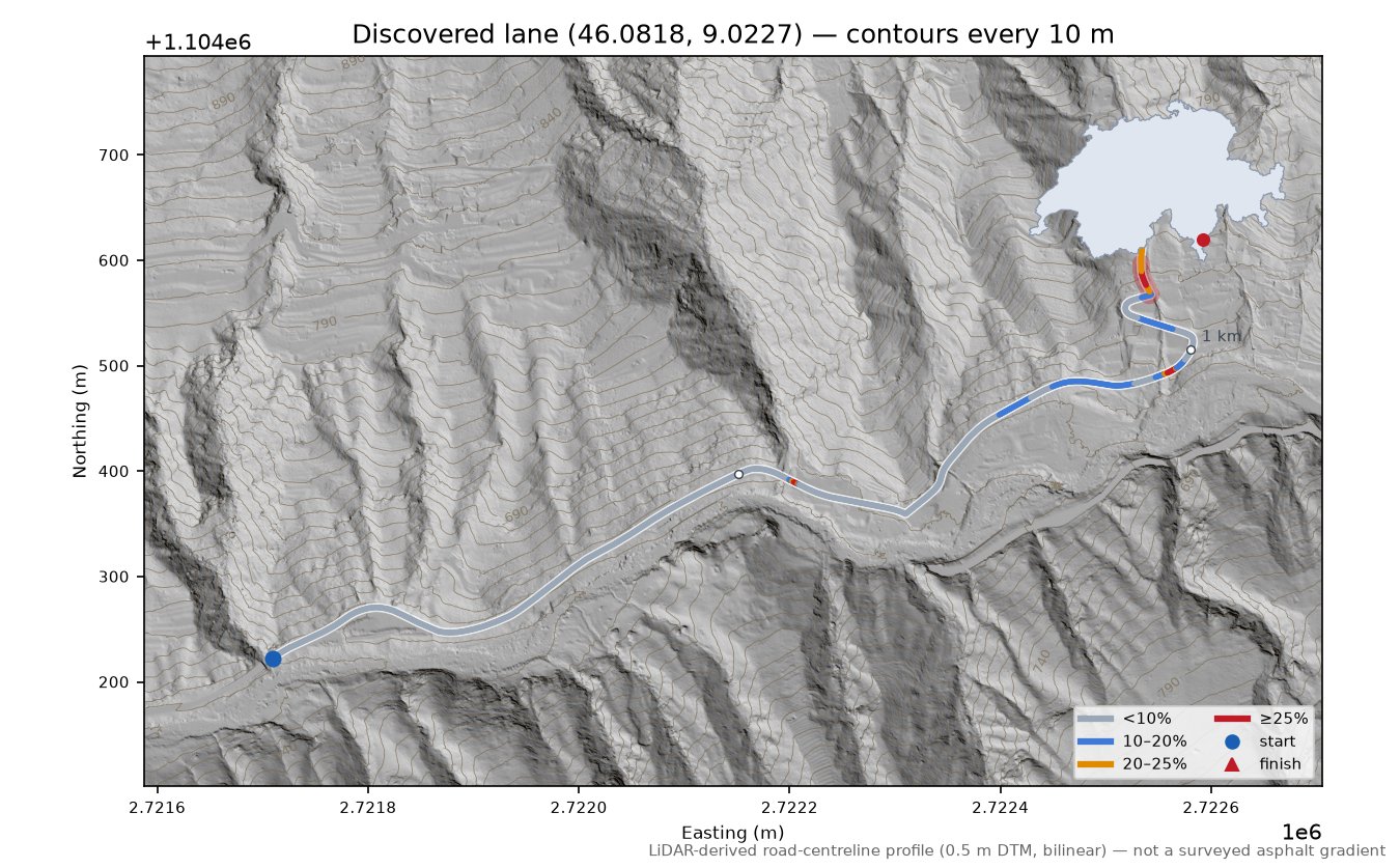 Discovered lane (46.0818, 9.0227) LiDAR hillshade map with contours