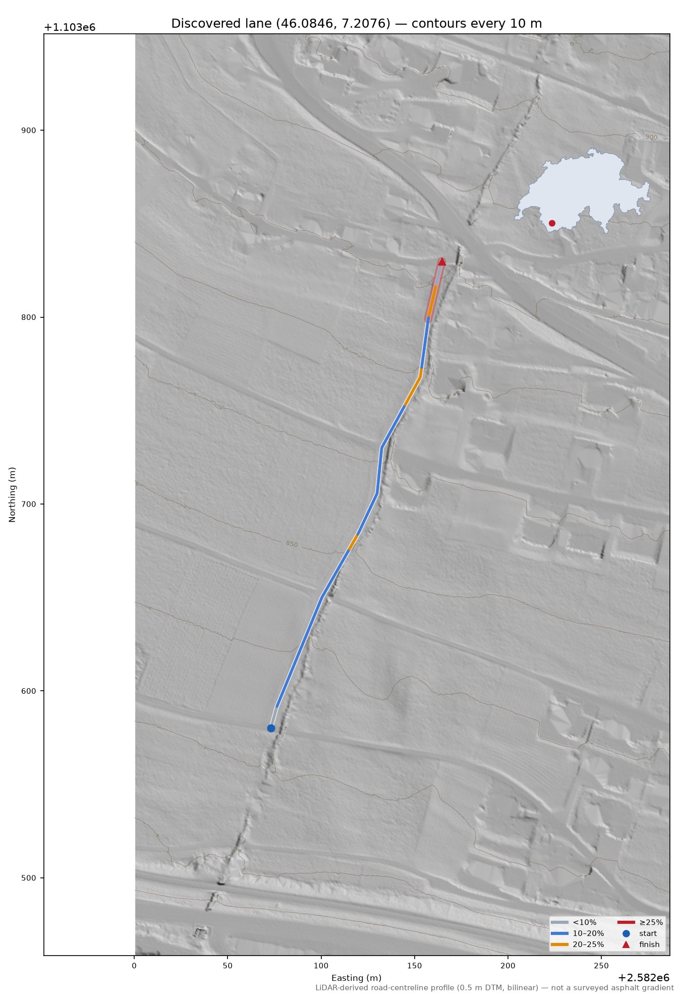 Discovered lane (46.0846, 7.2076) LiDAR hillshade map with contours