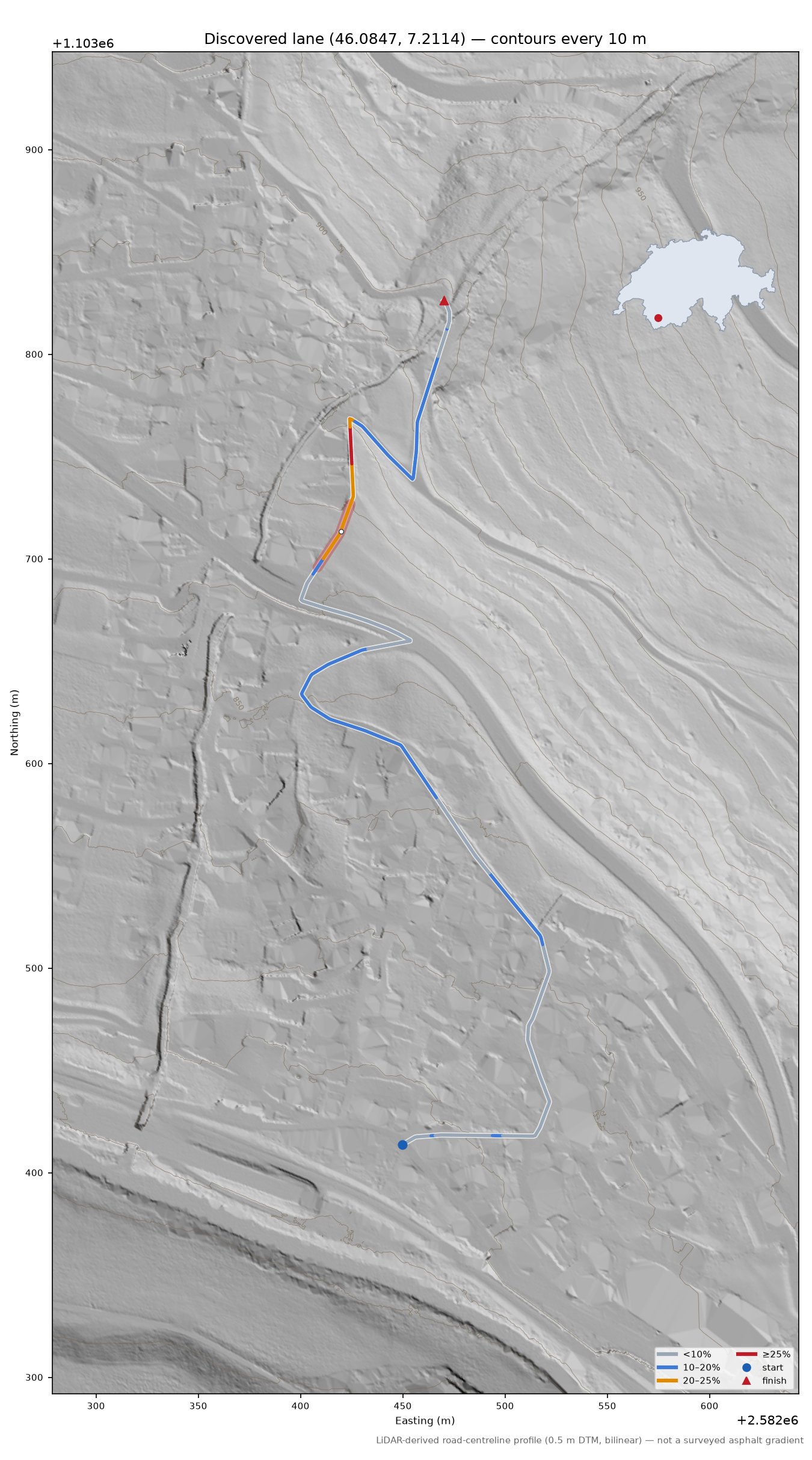 Discovered lane (46.0847, 7.2114) LiDAR hillshade map with contours