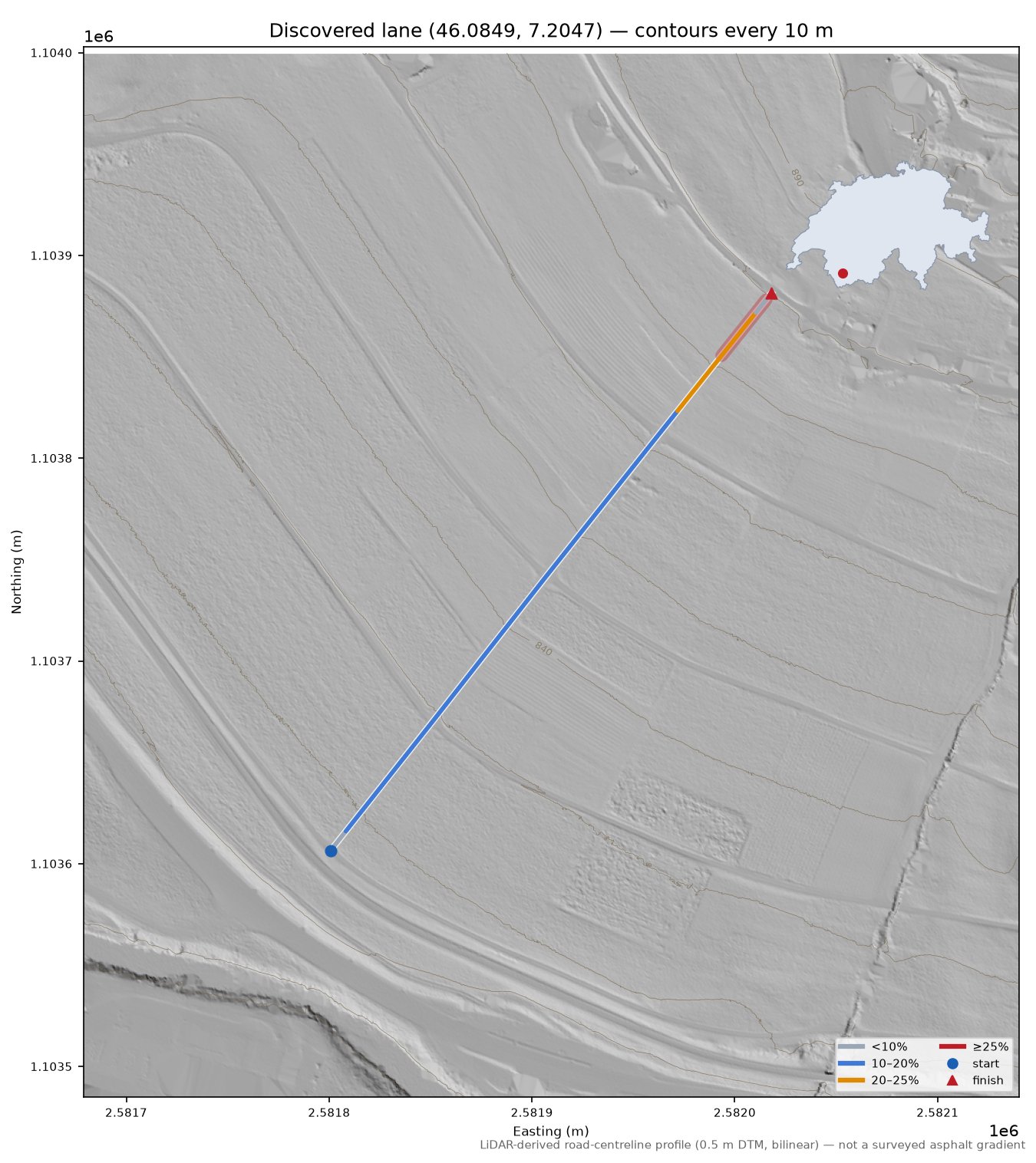 Discovered lane (46.0849, 7.2047) LiDAR hillshade map with contours