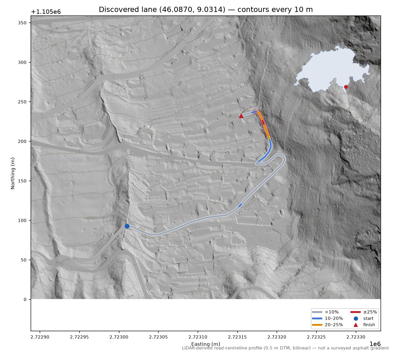 Discovered lane (46.0870, 9.0314) LiDAR hillshade map with contours