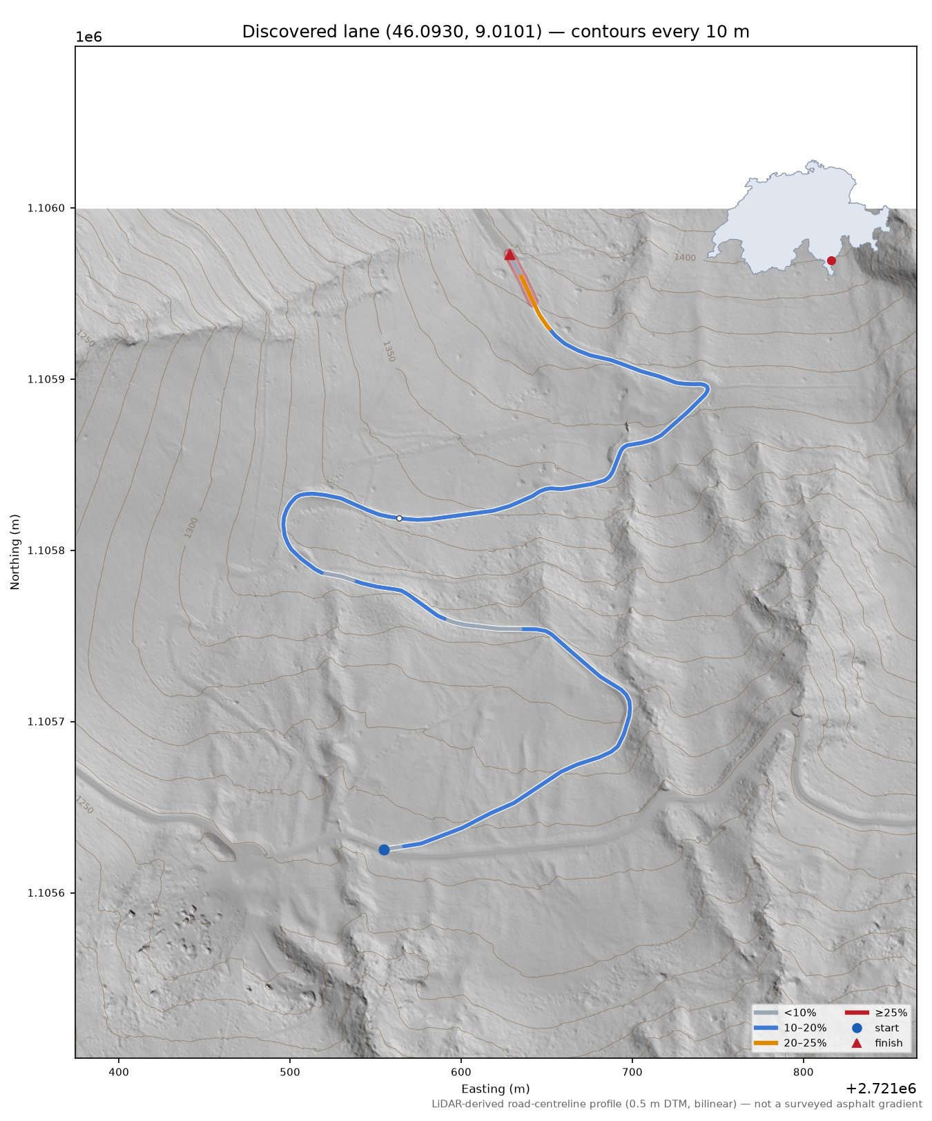 Discovered lane (46.0930, 9.0101) LiDAR hillshade map with contours