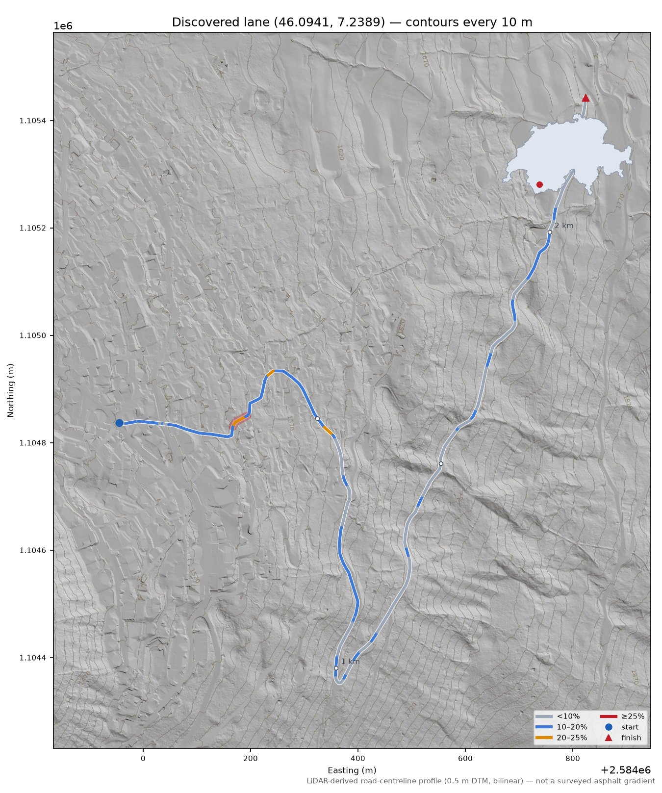 Discovered lane (46.0941, 7.2389) LiDAR hillshade map with contours