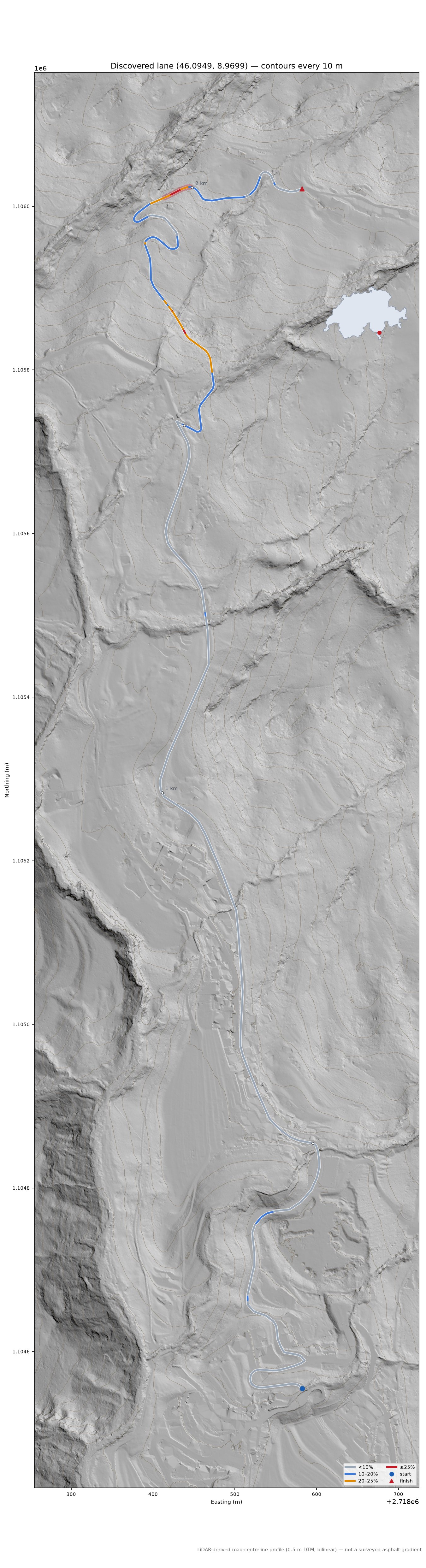 Discovered lane (46.0949, 8.9699) LiDAR hillshade map with contours