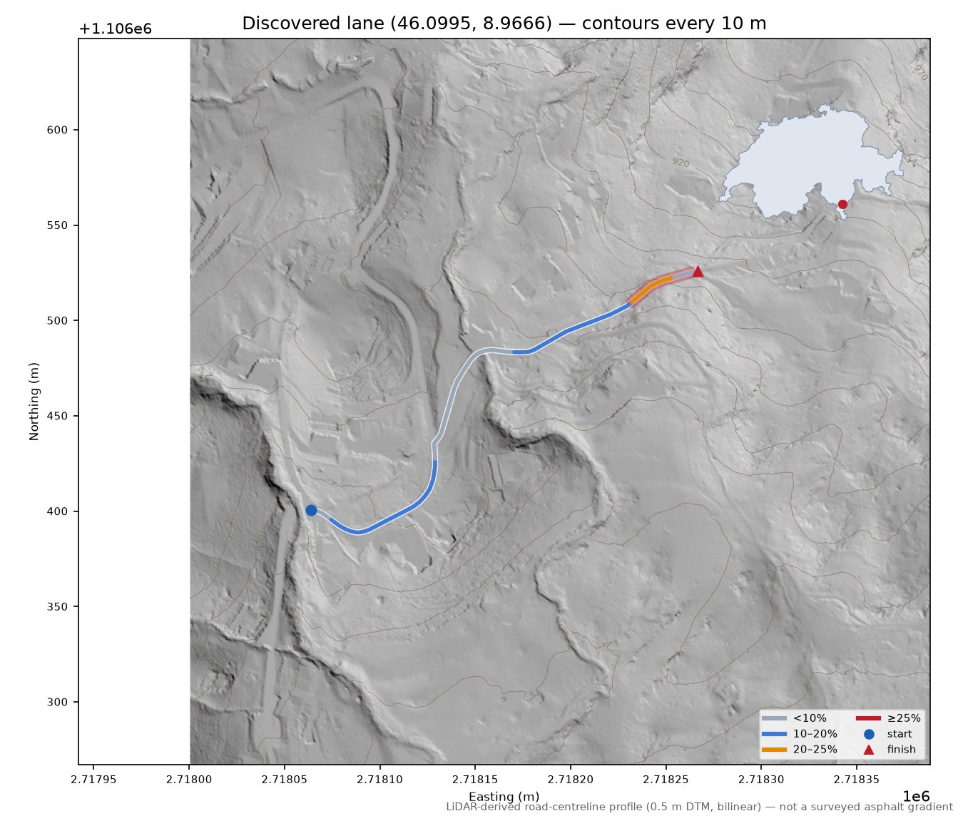 Discovered lane (46.0995, 8.9666) LiDAR hillshade map with contours