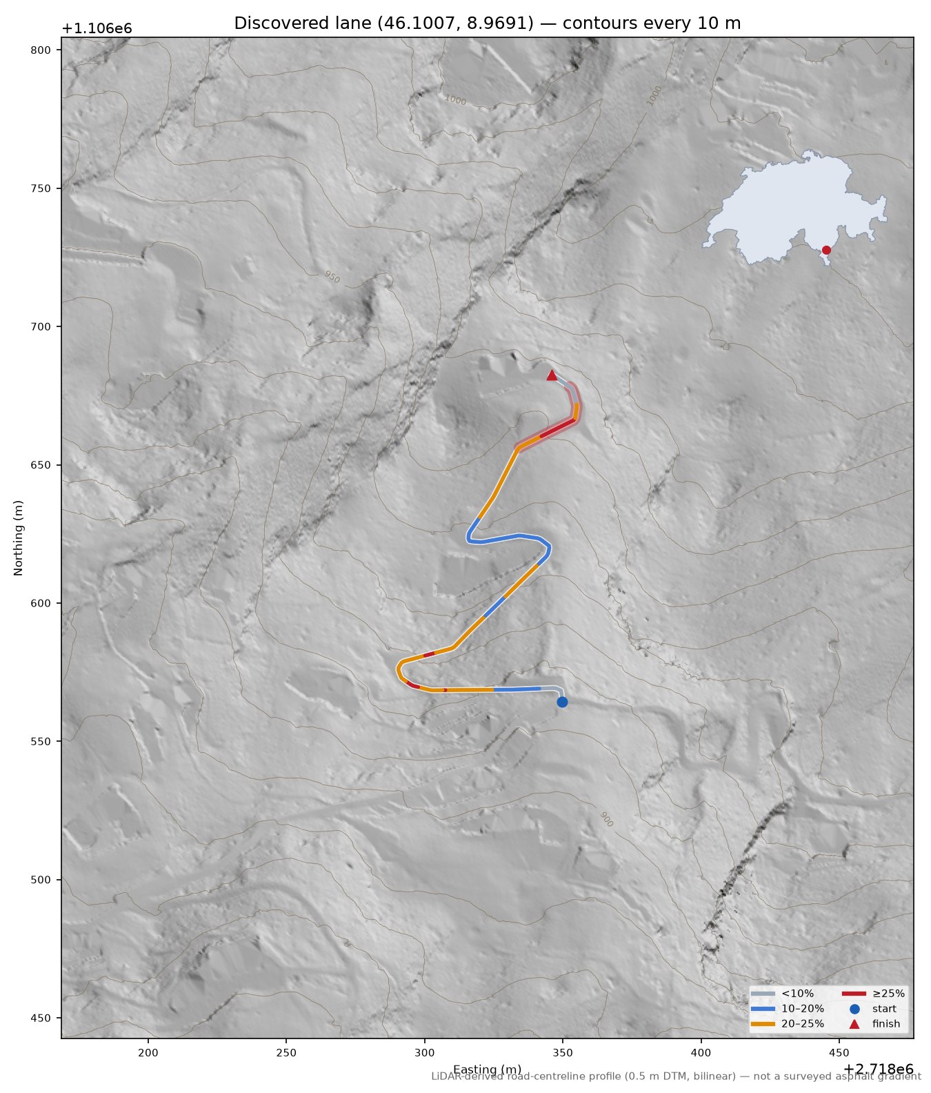 Discovered lane (46.1007, 8.9691) LiDAR hillshade map with contours