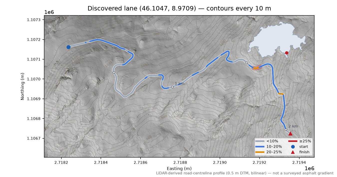 Discovered lane (46.1047, 8.9709) LiDAR hillshade map with contours