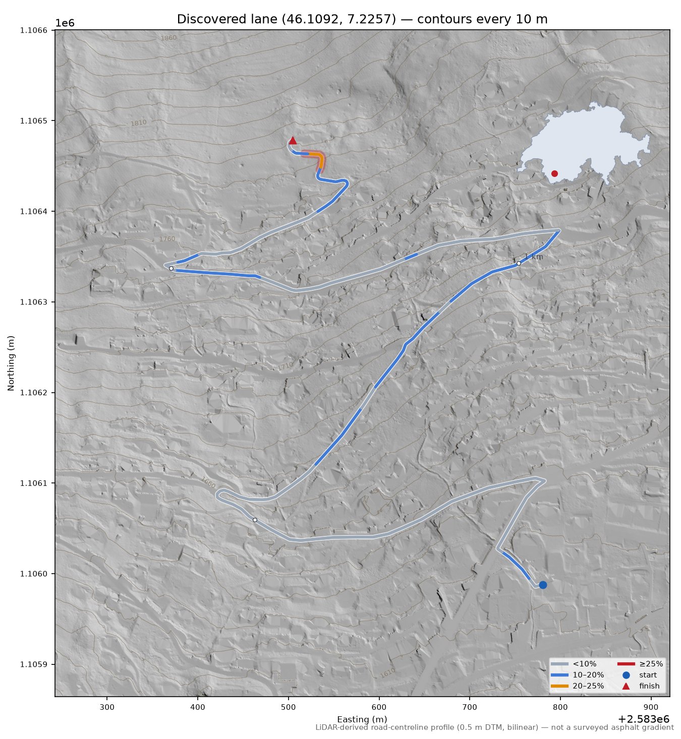 Discovered lane (46.1092, 7.2257) LiDAR hillshade map with contours