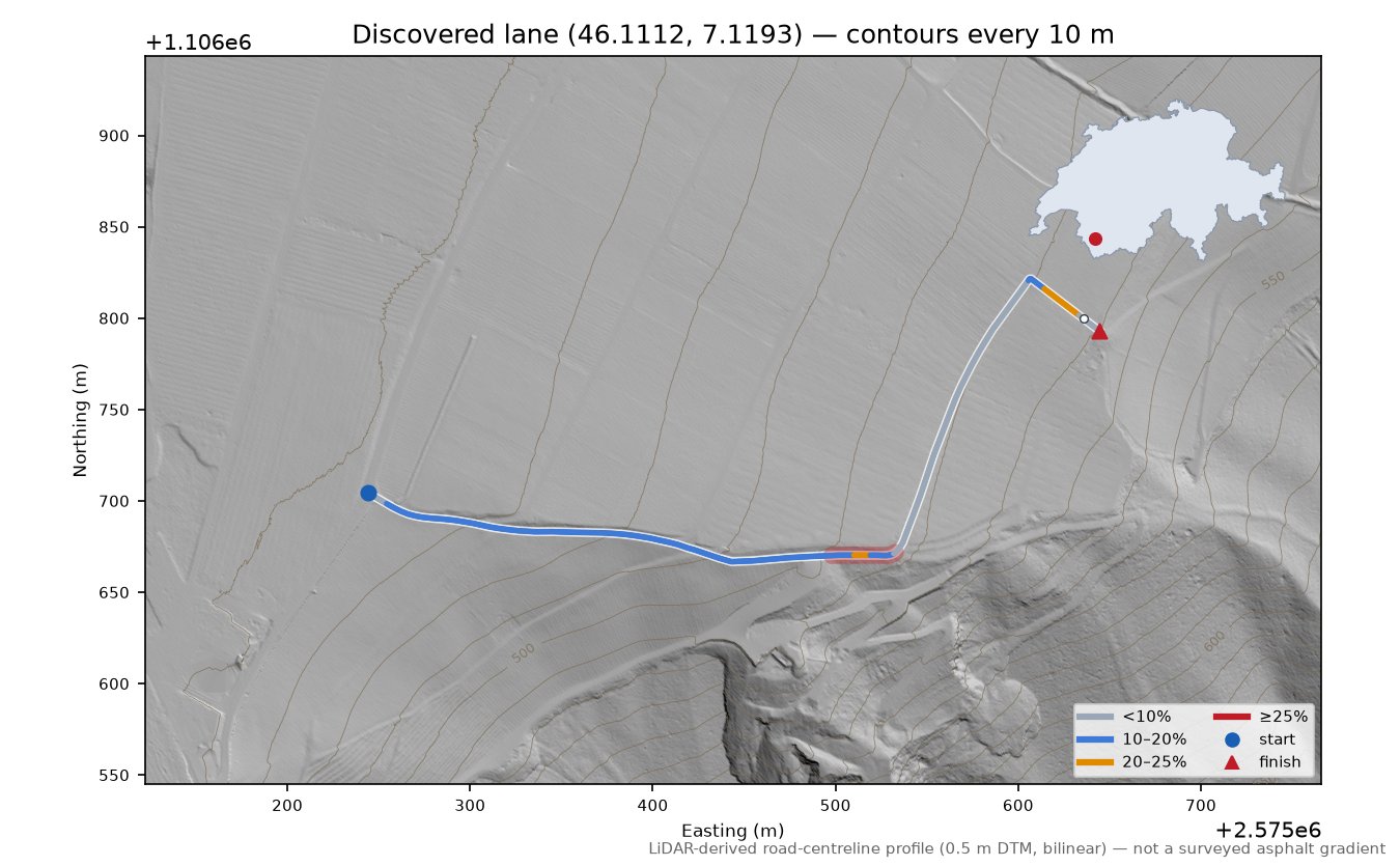 Discovered lane (46.1112, 7.1193) LiDAR hillshade map with contours