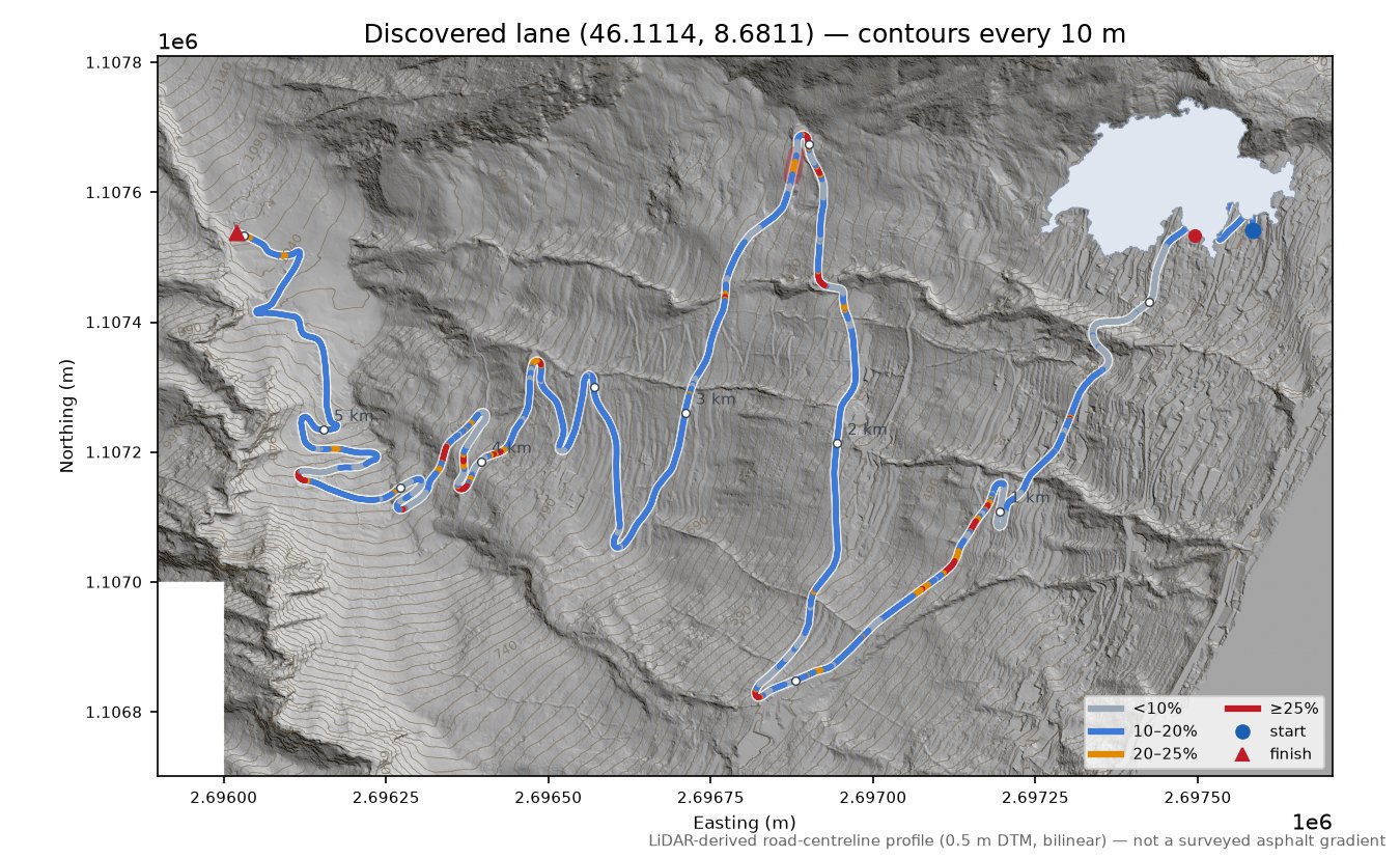 Discovered lane (46.1114, 8.6811) LiDAR hillshade map with contours