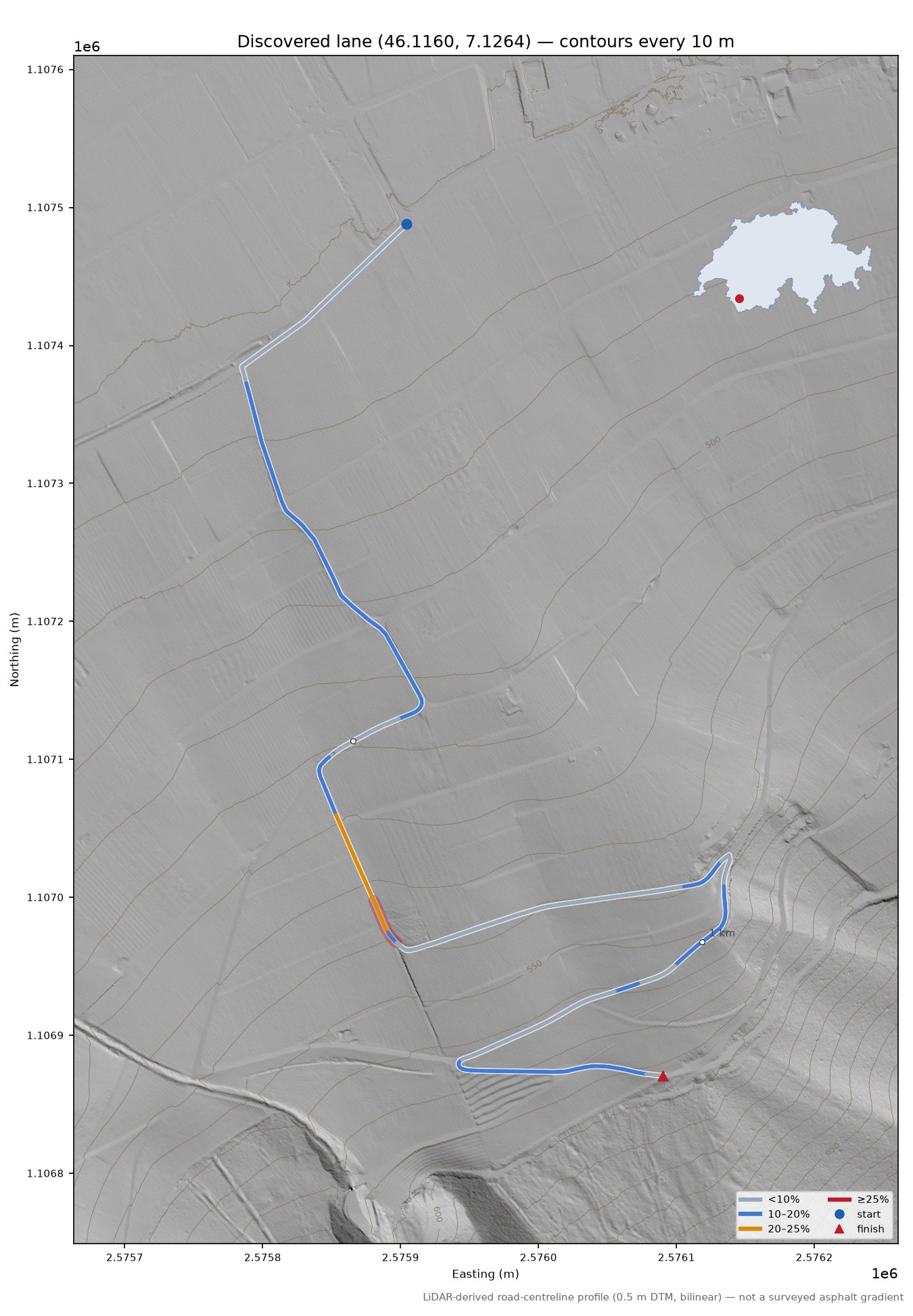 Discovered lane (46.1160, 7.1264) LiDAR hillshade map with contours