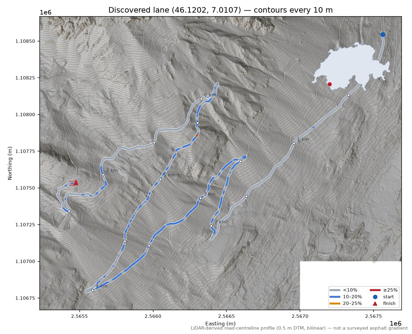 Discovered lane (46.1202, 7.0107) LiDAR hillshade map with contours