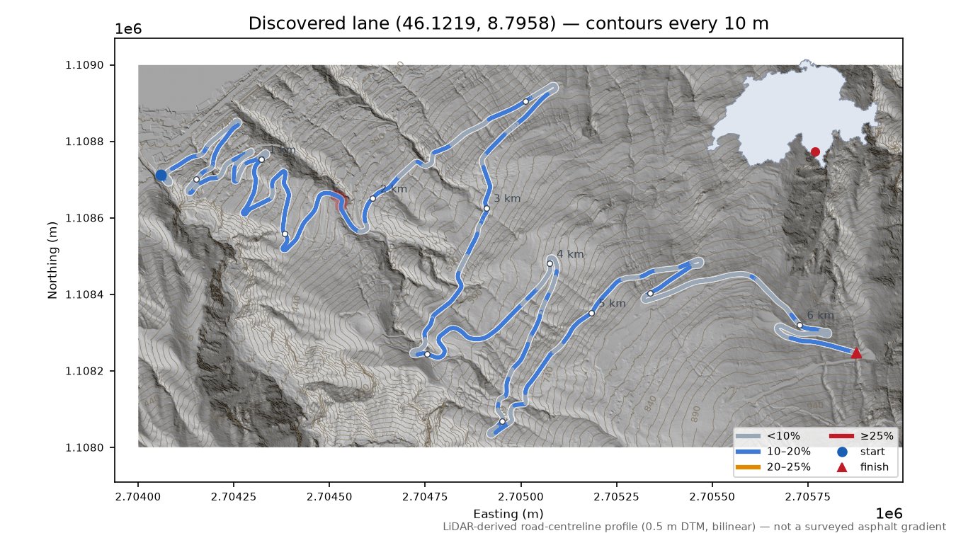 Discovered lane (46.1219, 8.7958) LiDAR hillshade map with contours