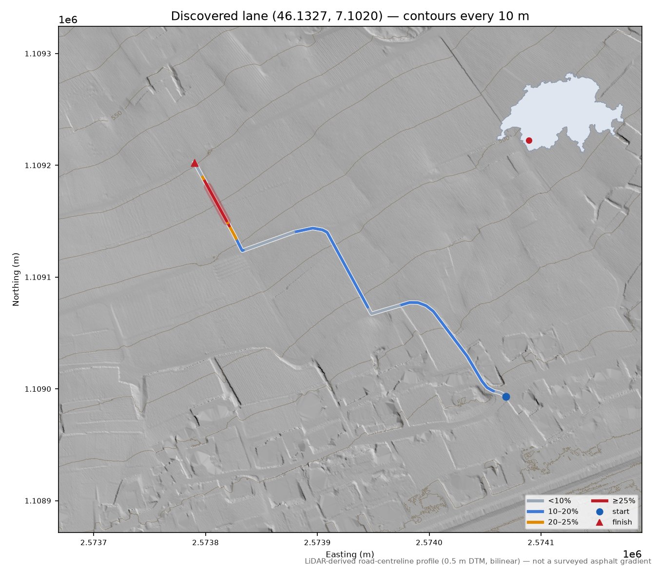 Discovered lane (46.1327, 7.1020) LiDAR hillshade map with contours