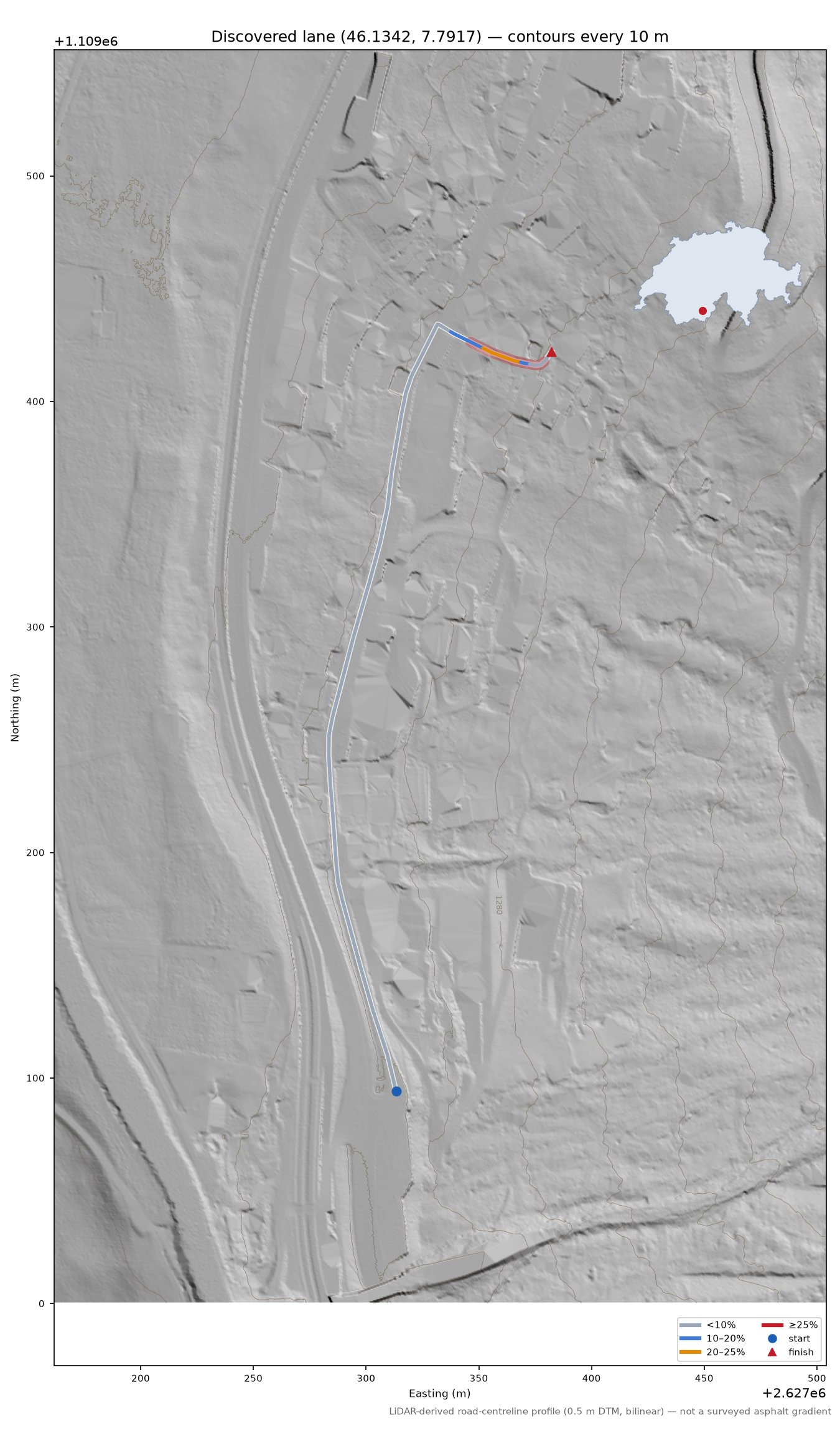 Discovered lane (46.1342, 7.7917) LiDAR hillshade map with contours