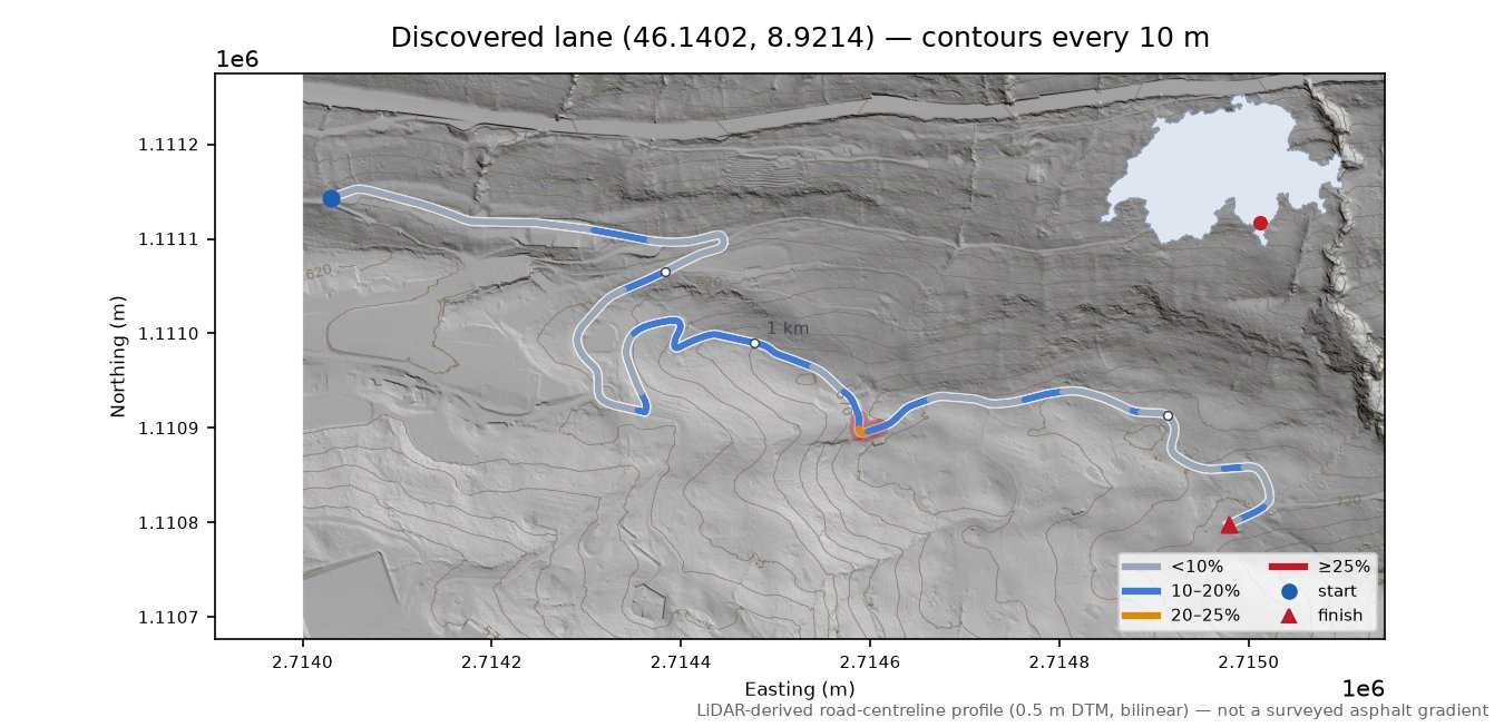 Discovered lane (46.1402, 8.9214) LiDAR hillshade map with contours