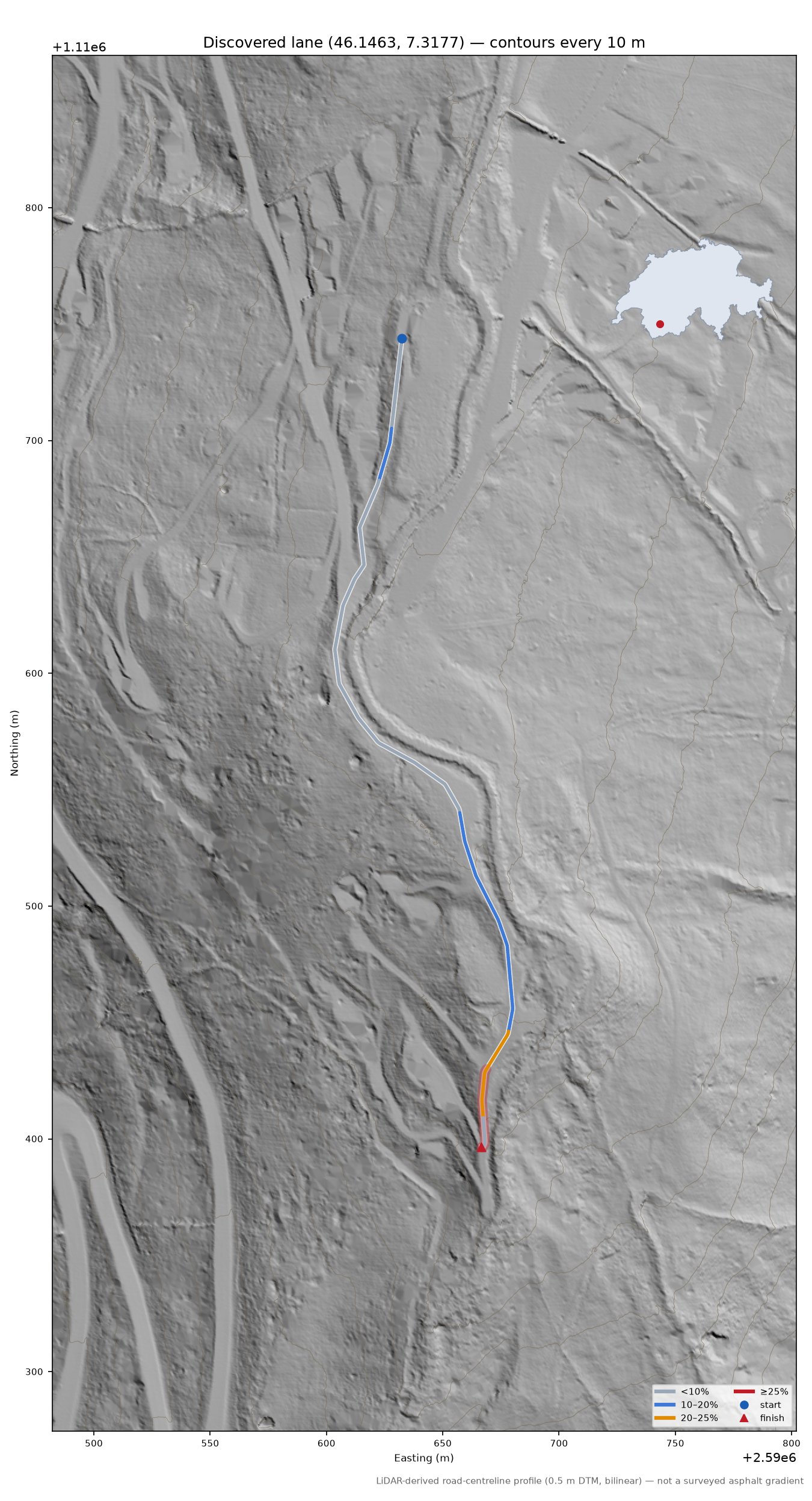 Discovered lane (46.1463, 7.3177) LiDAR hillshade map with contours