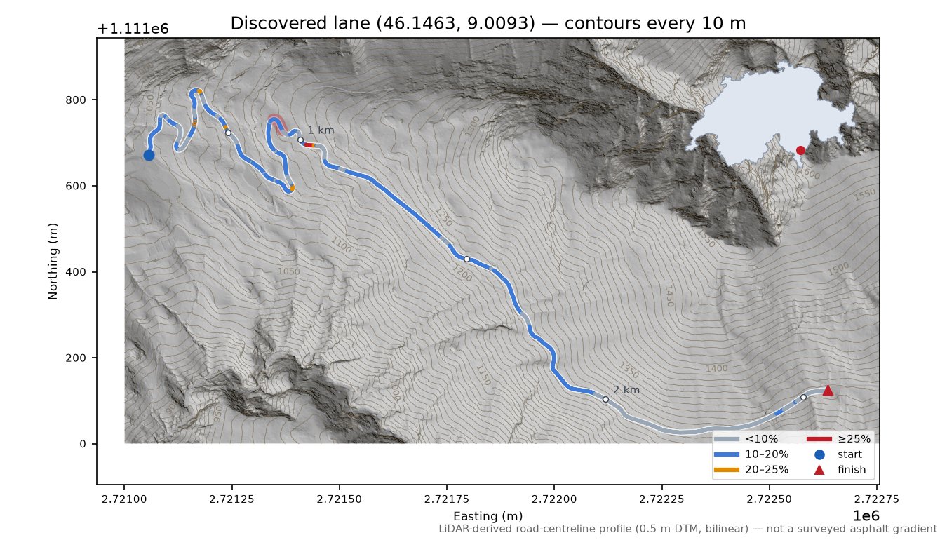 Discovered lane (46.1463, 9.0093) LiDAR hillshade map with contours