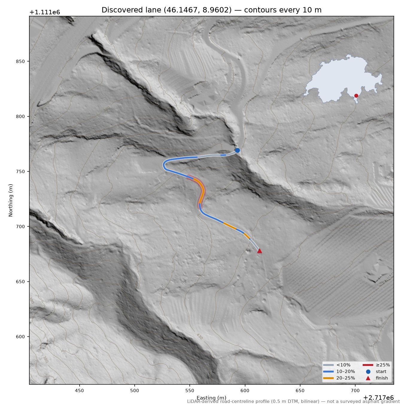Discovered lane (46.1467, 8.9602) LiDAR hillshade map with contours