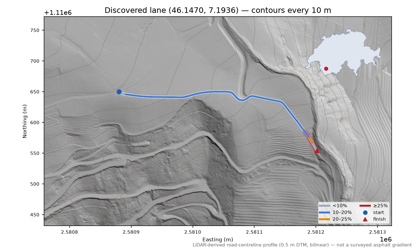 Discovered lane (46.1470, 7.1936) LiDAR hillshade map with contours