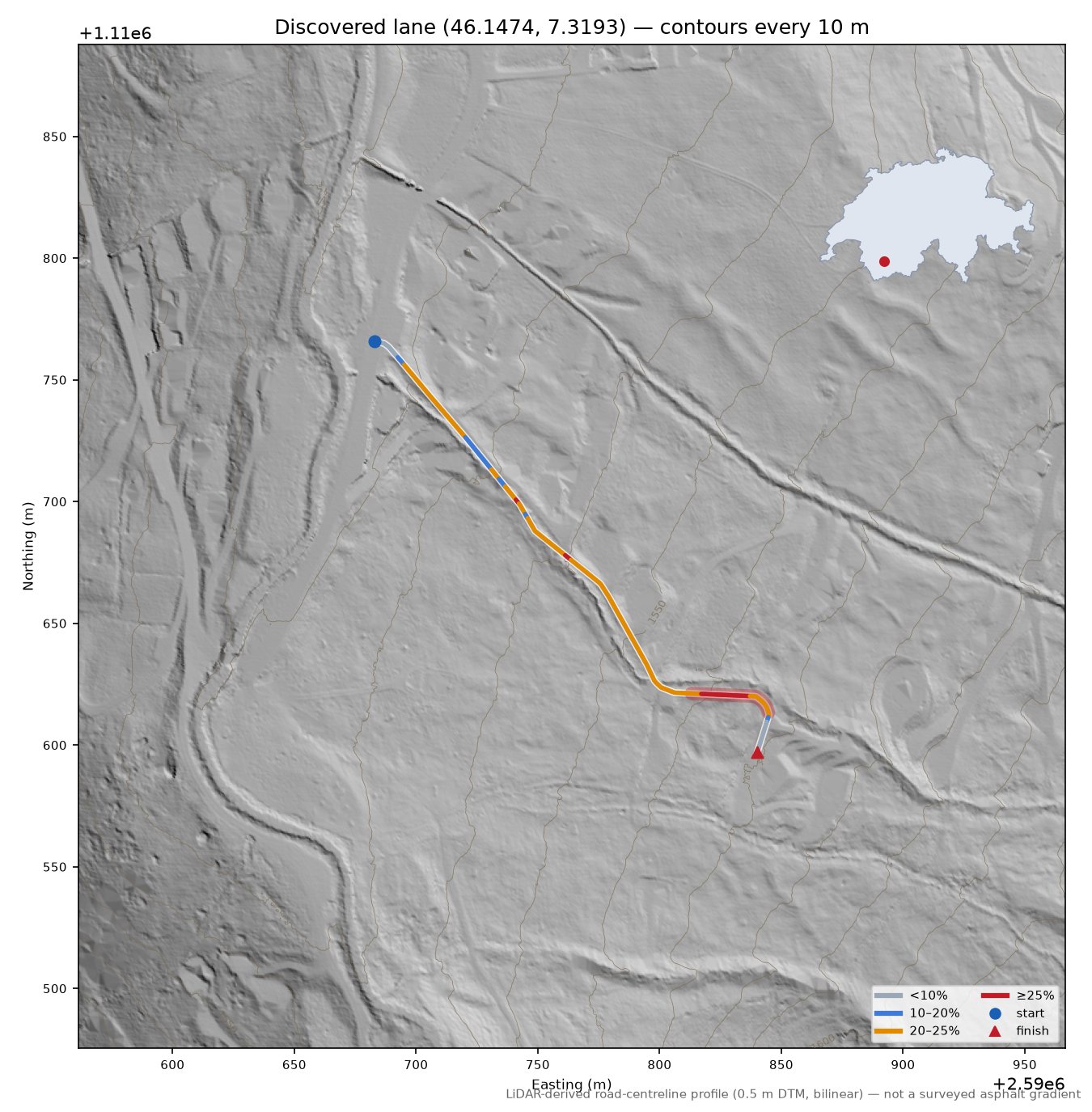 Discovered lane (46.1474, 7.3193) LiDAR hillshade map with contours