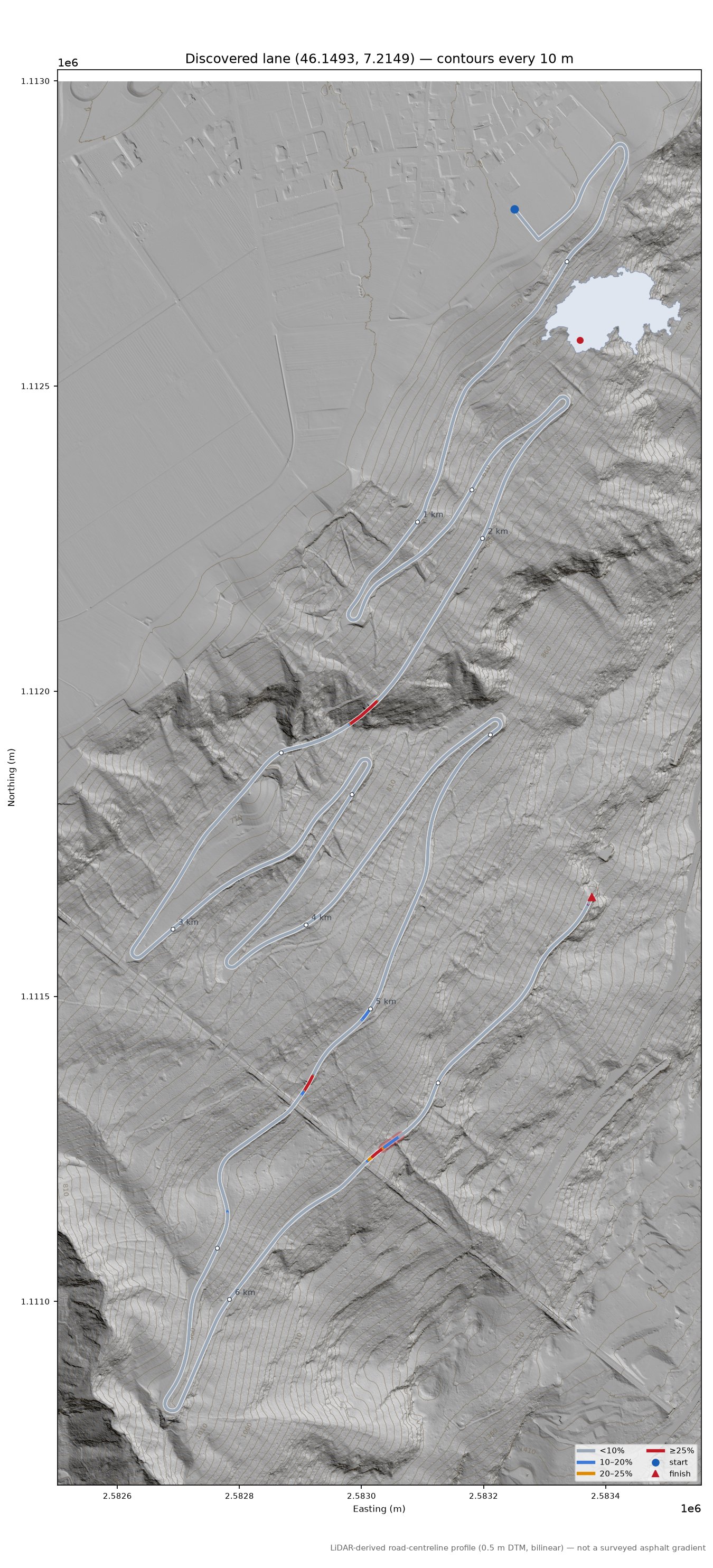 Discovered lane (46.1493, 7.2149) LiDAR hillshade map with contours