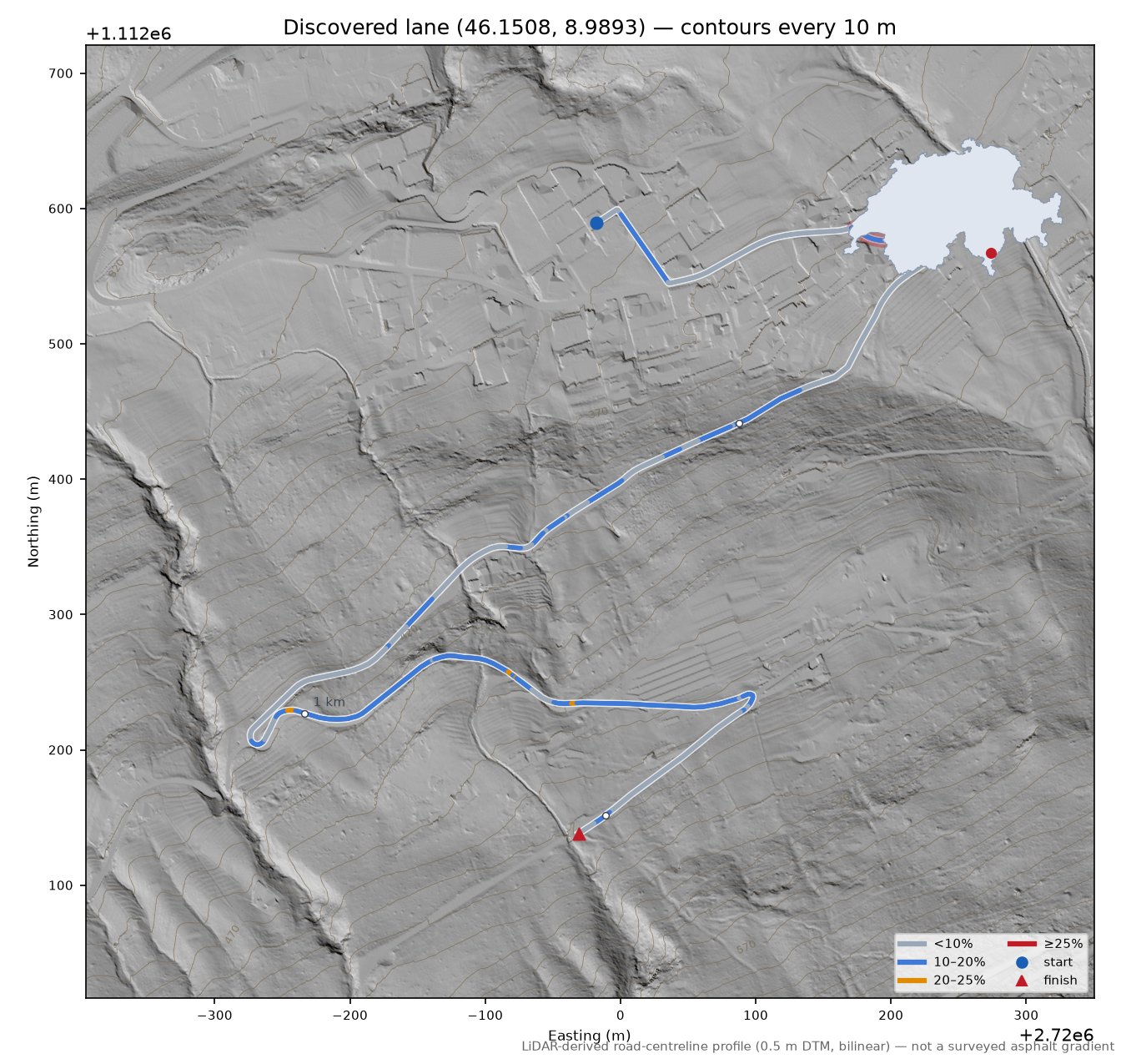 Discovered lane (46.1508, 8.9893) LiDAR hillshade map with contours