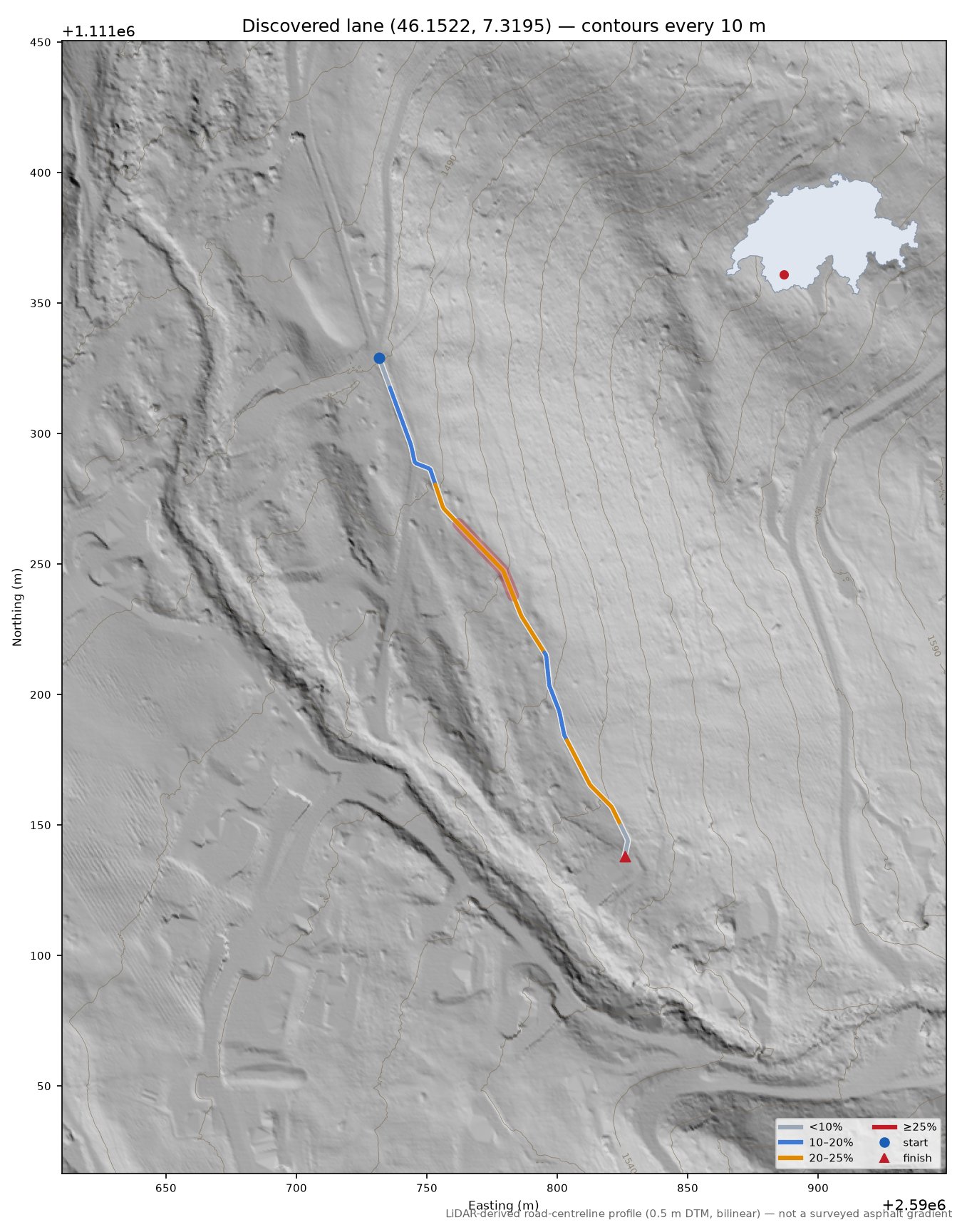 Discovered lane (46.1522, 7.3195) LiDAR hillshade map with contours