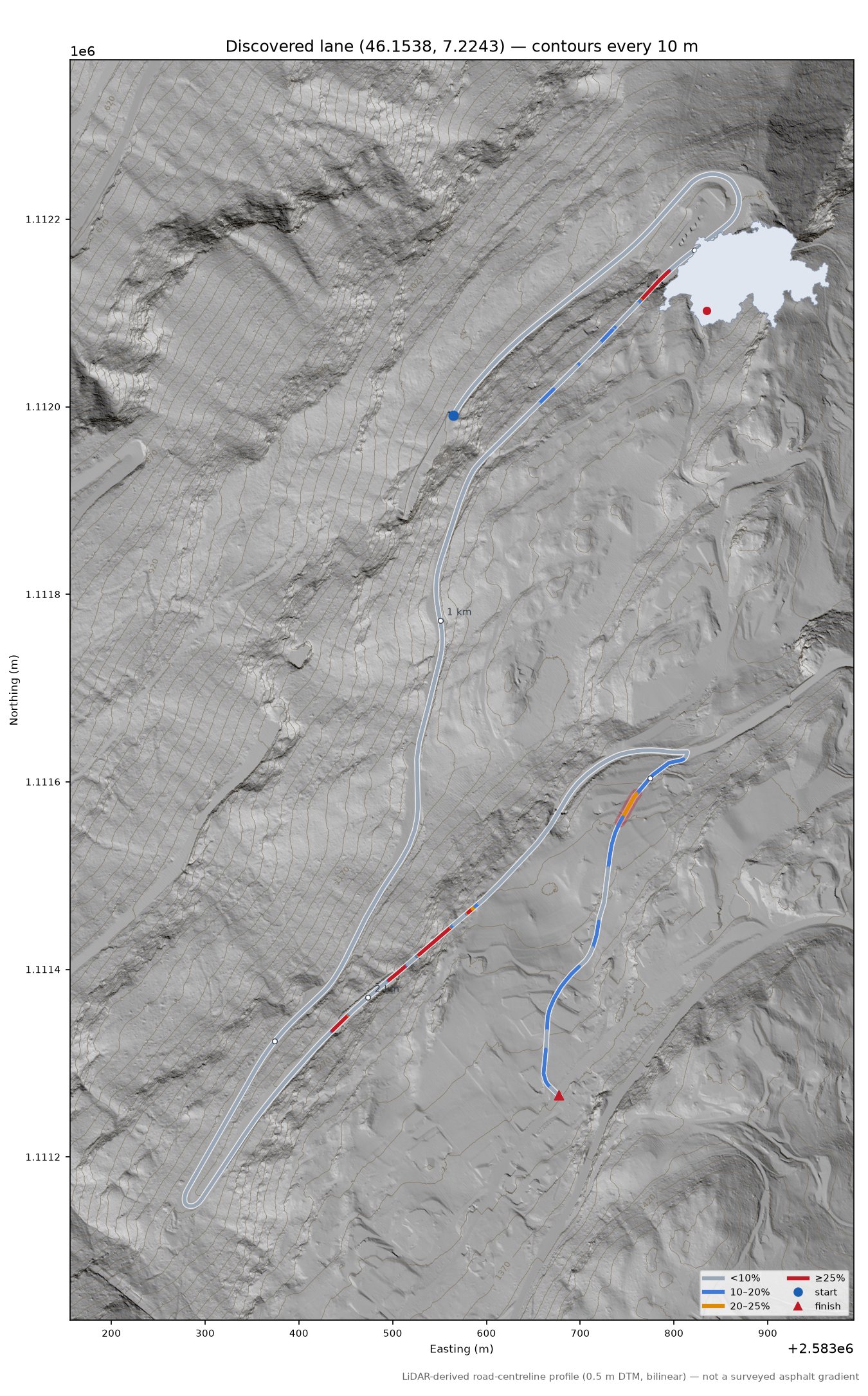 Discovered lane (46.1538, 7.2243) LiDAR hillshade map with contours