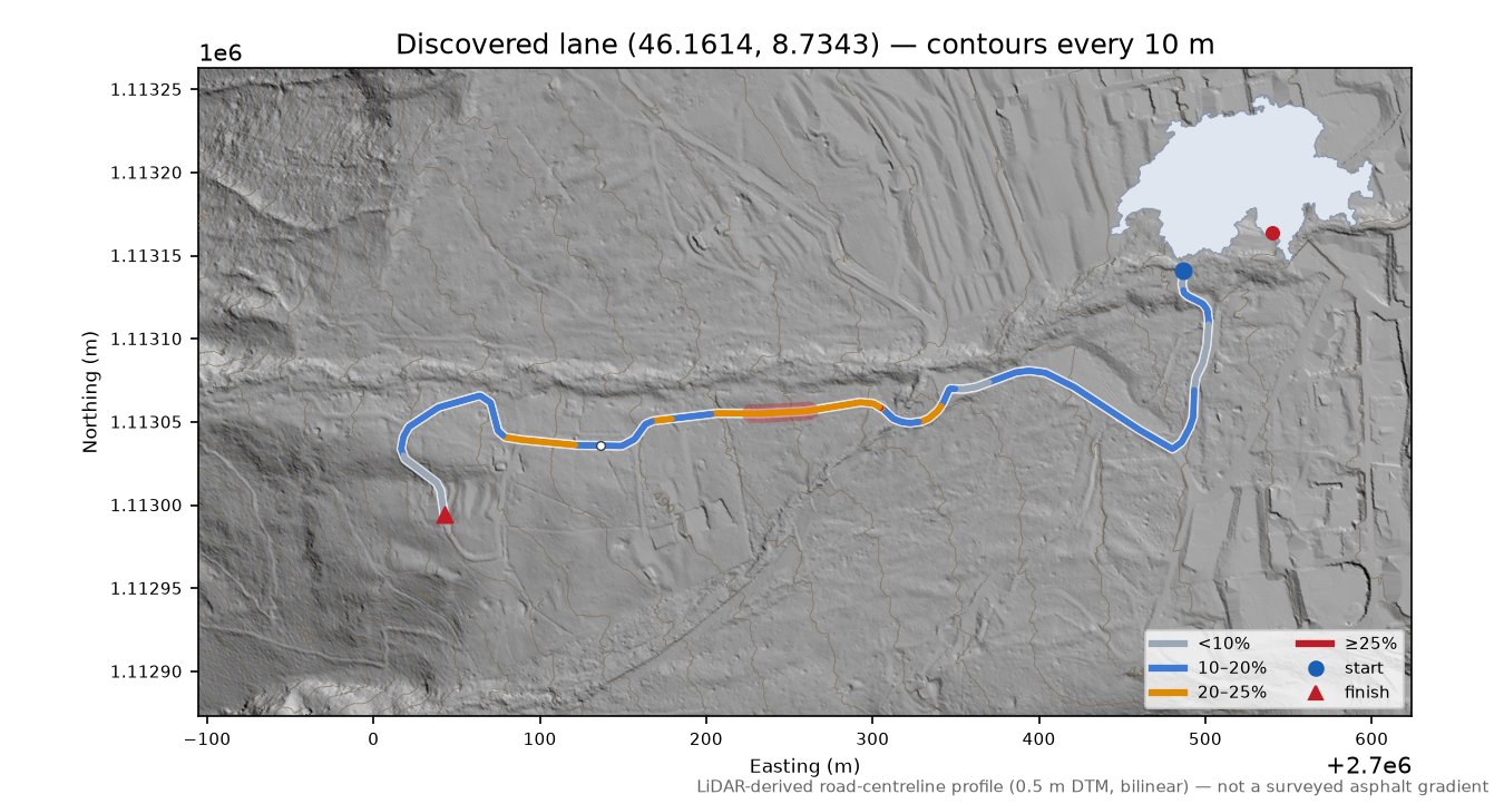 Discovered lane (46.1614, 8.7343) LiDAR hillshade map with contours