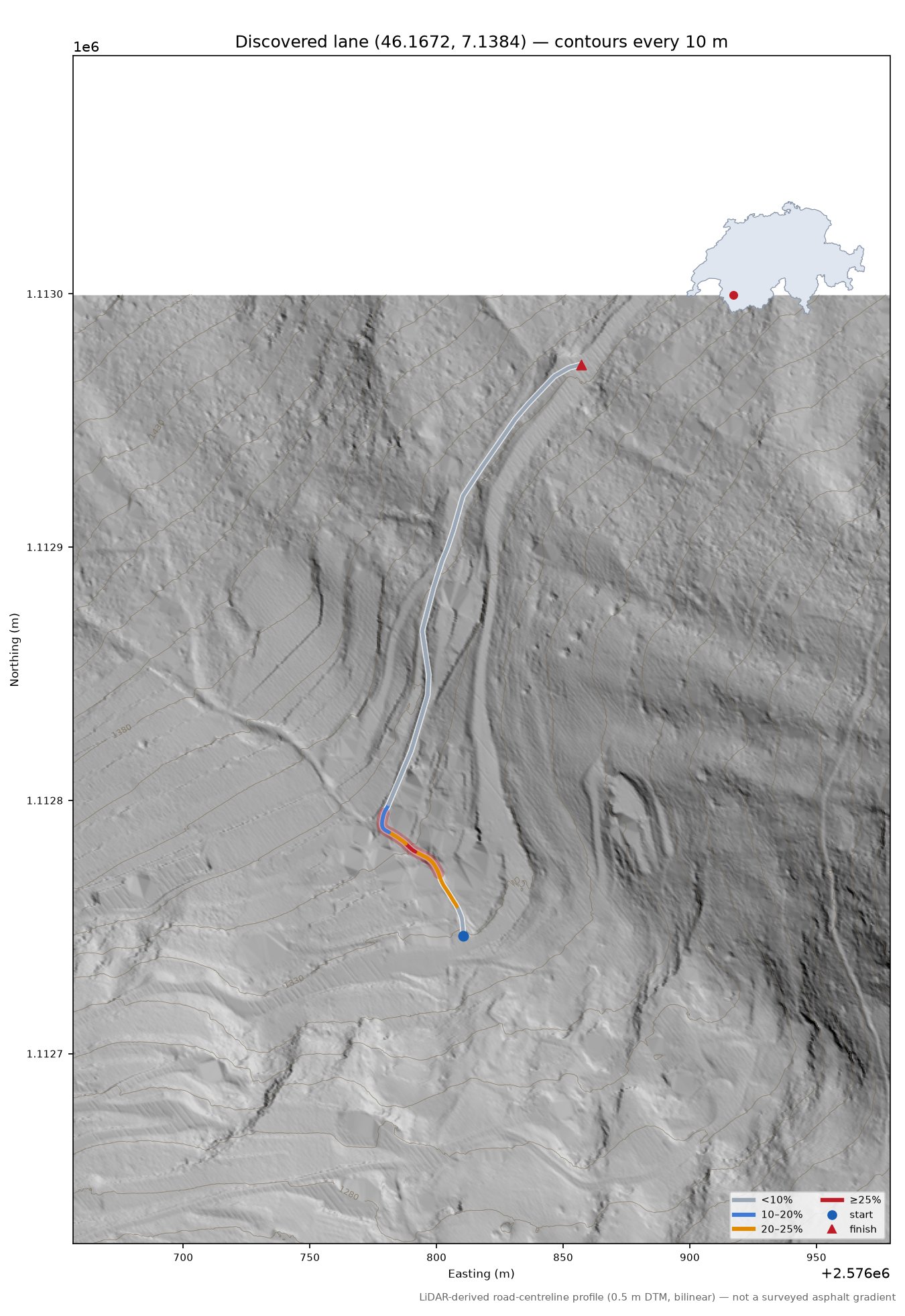 Discovered lane (46.1672, 7.1384) LiDAR hillshade map with contours