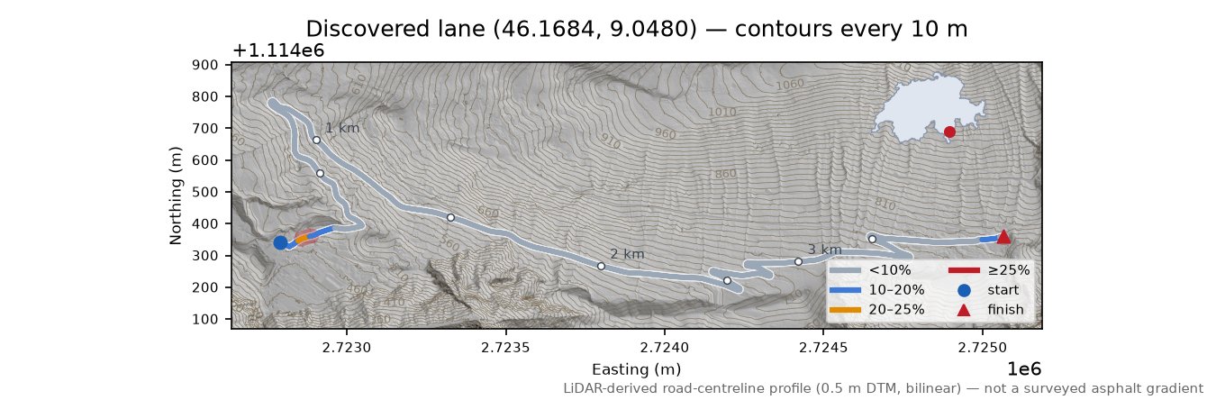 Discovered lane (46.1684, 9.0480) LiDAR hillshade map with contours
