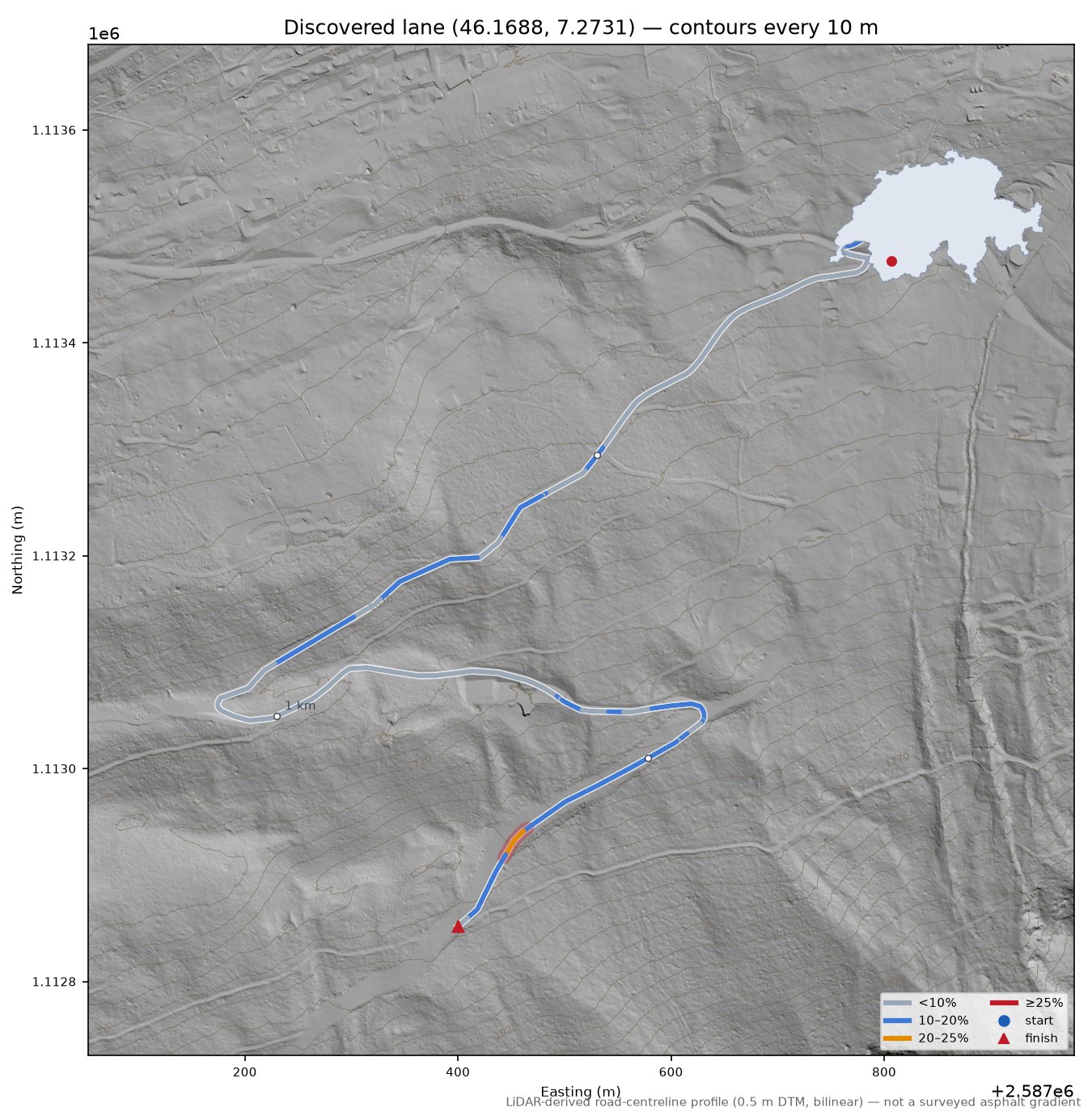 Discovered lane (46.1688, 7.2731) LiDAR hillshade map with contours