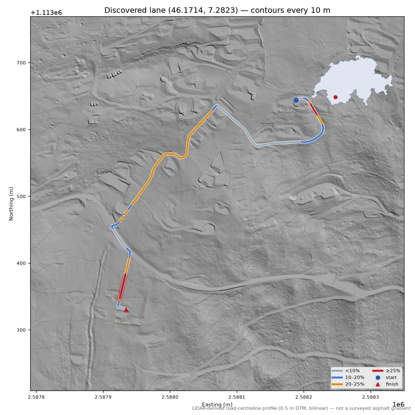 Discovered lane (46.1714, 7.2823) LiDAR hillshade map with contours