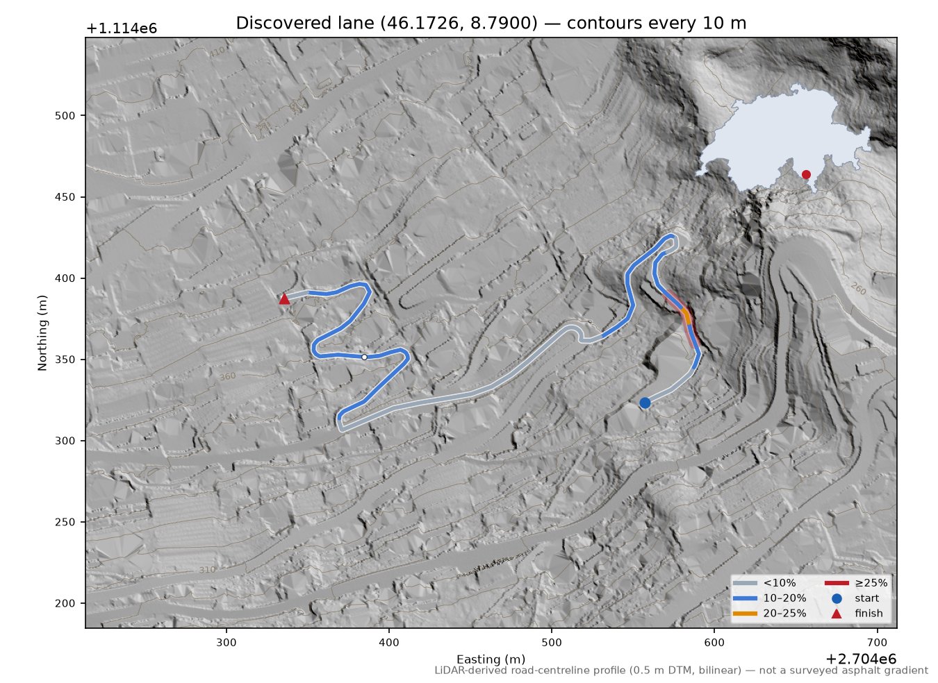 Discovered lane (46.1726, 8.7900) LiDAR hillshade map with contours