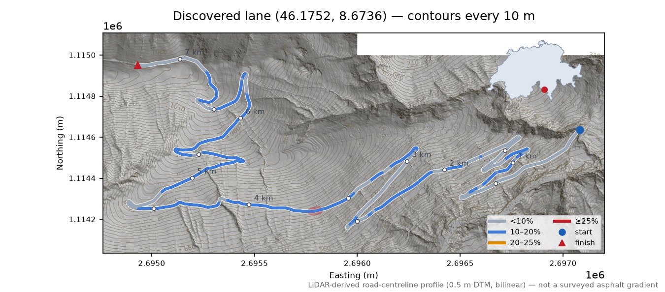 Discovered lane (46.1752, 8.6736) LiDAR hillshade map with contours