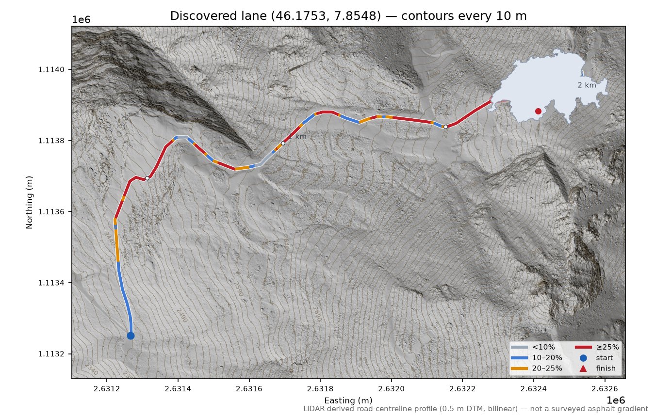 Discovered lane (46.1753, 7.8548) LiDAR hillshade map with contours