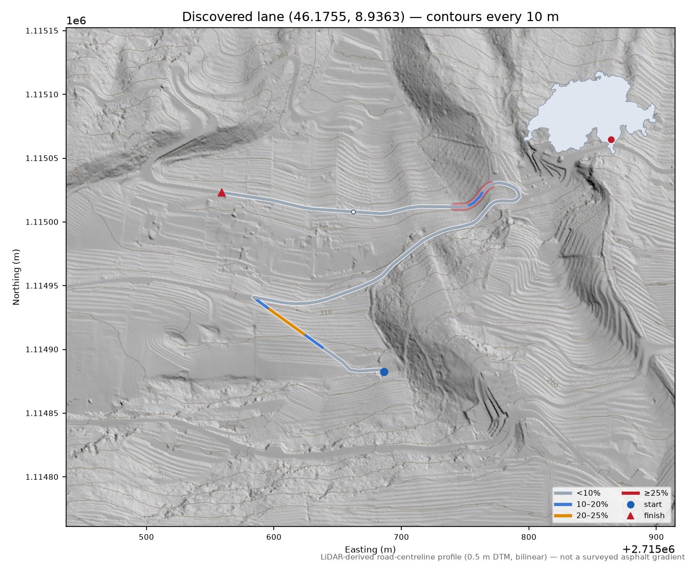 Discovered lane (46.1755, 8.9363) LiDAR hillshade map with contours