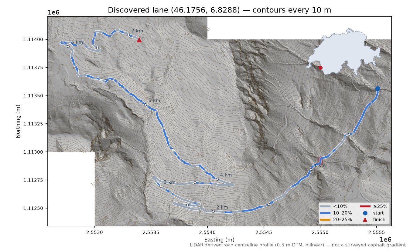 Discovered lane (46.1756, 6.8288) LiDAR hillshade map with contours