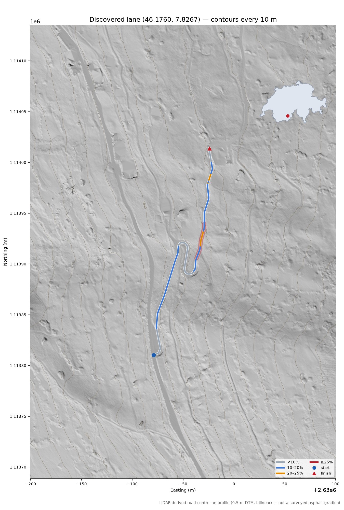 Discovered lane (46.1760, 7.8267) LiDAR hillshade map with contours