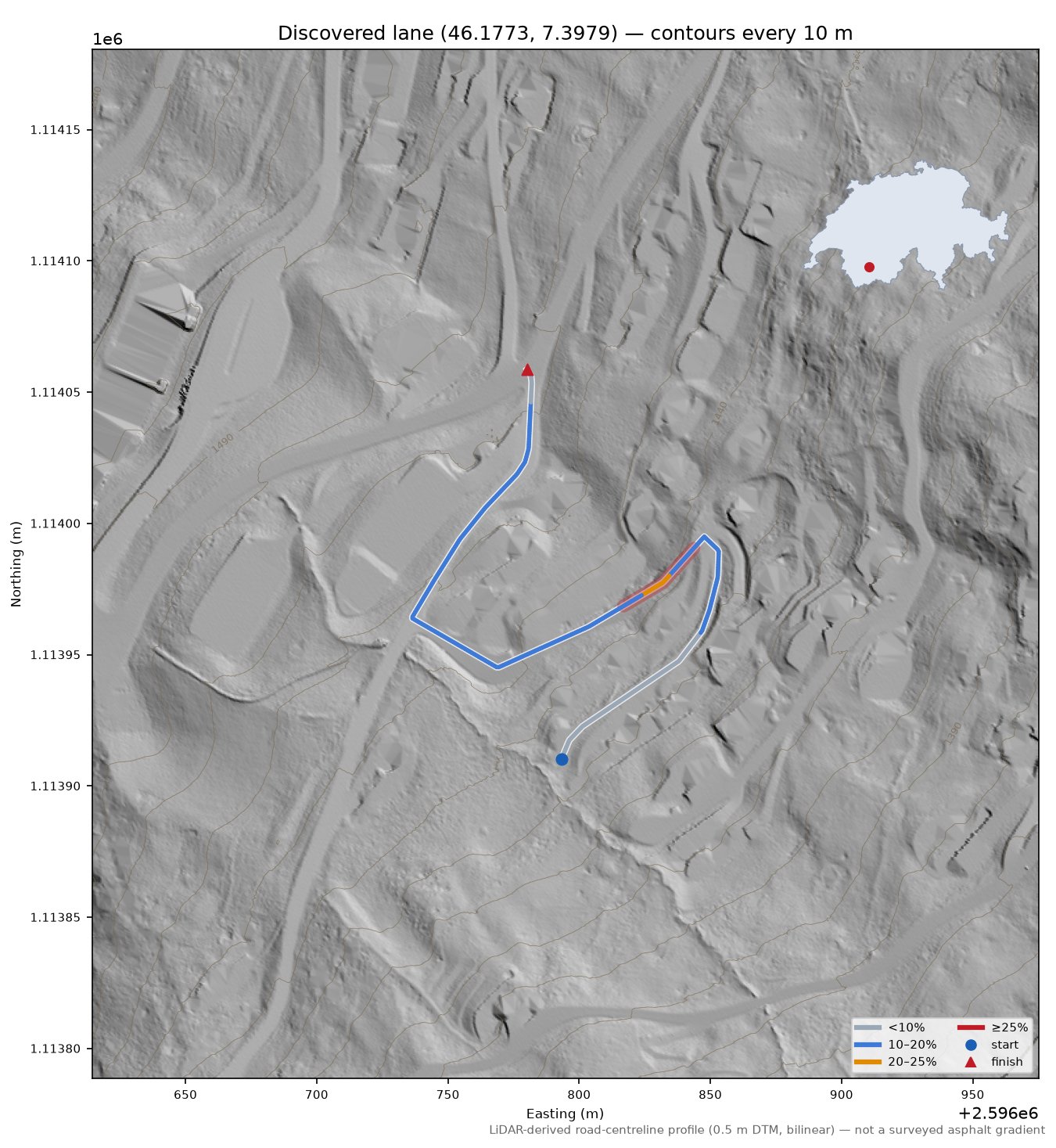 Discovered lane (46.1773, 7.3979) LiDAR hillshade map with contours