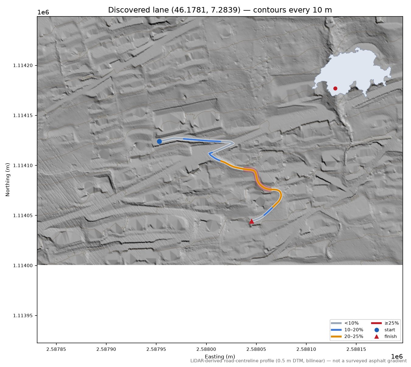 Discovered lane (46.1781, 7.2839) LiDAR hillshade map with contours
