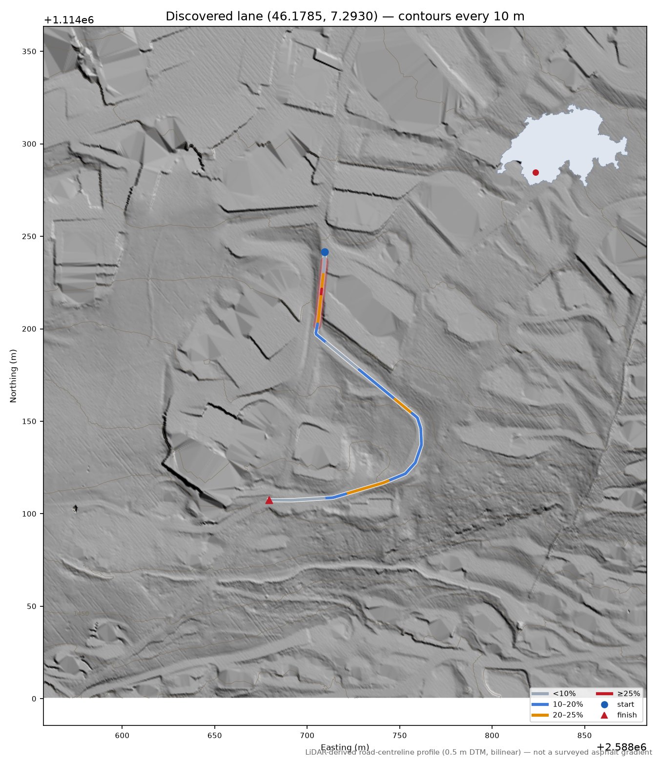Discovered lane (46.1785, 7.2930) LiDAR hillshade map with contours