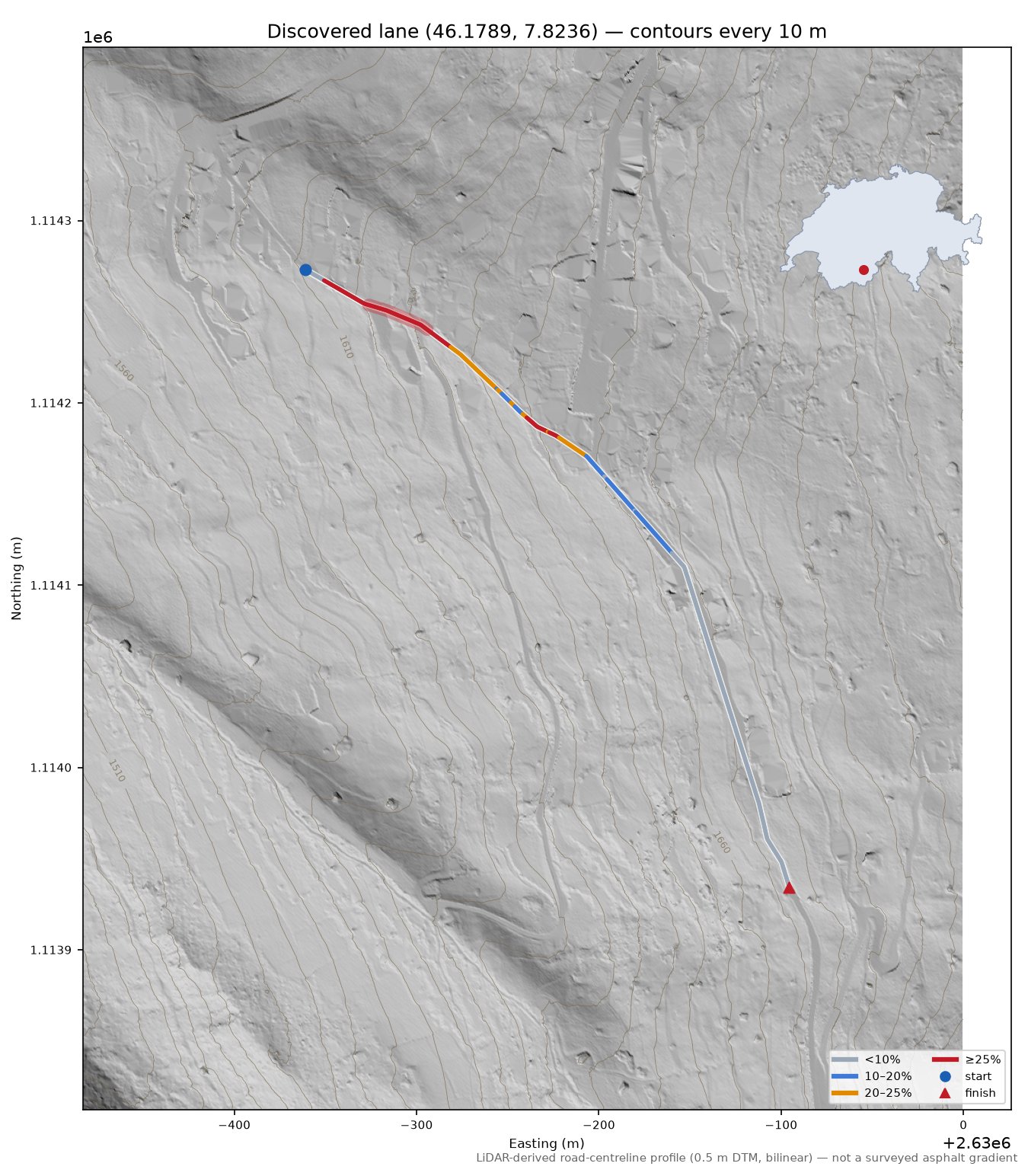 Discovered lane (46.1789, 7.8236) LiDAR hillshade map with contours