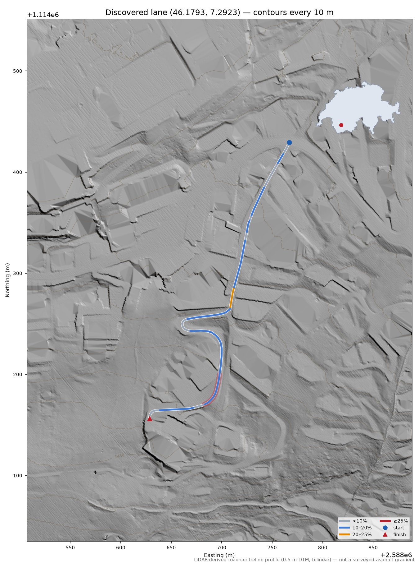 Discovered lane (46.1793, 7.2923) LiDAR hillshade map with contours