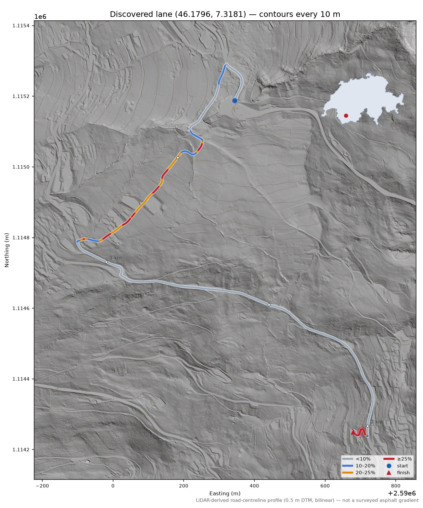 Discovered lane (46.1796, 7.3181) LiDAR hillshade map with contours