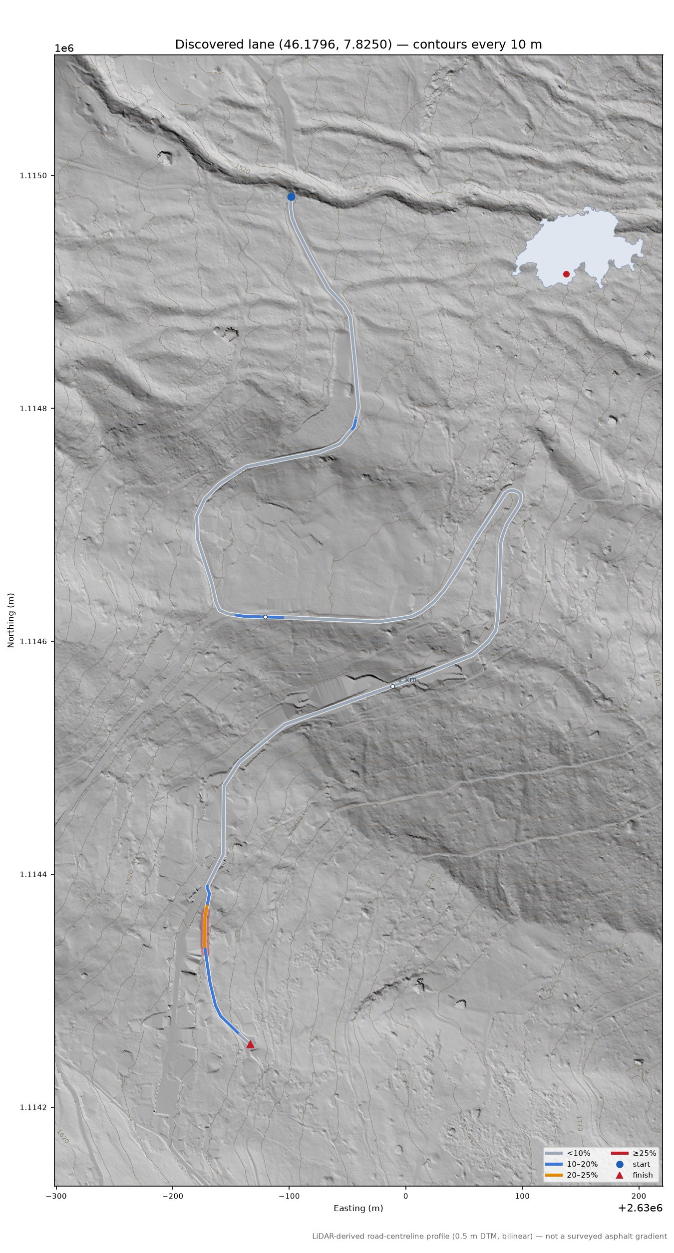 Discovered lane (46.1796, 7.8250) LiDAR hillshade map with contours
